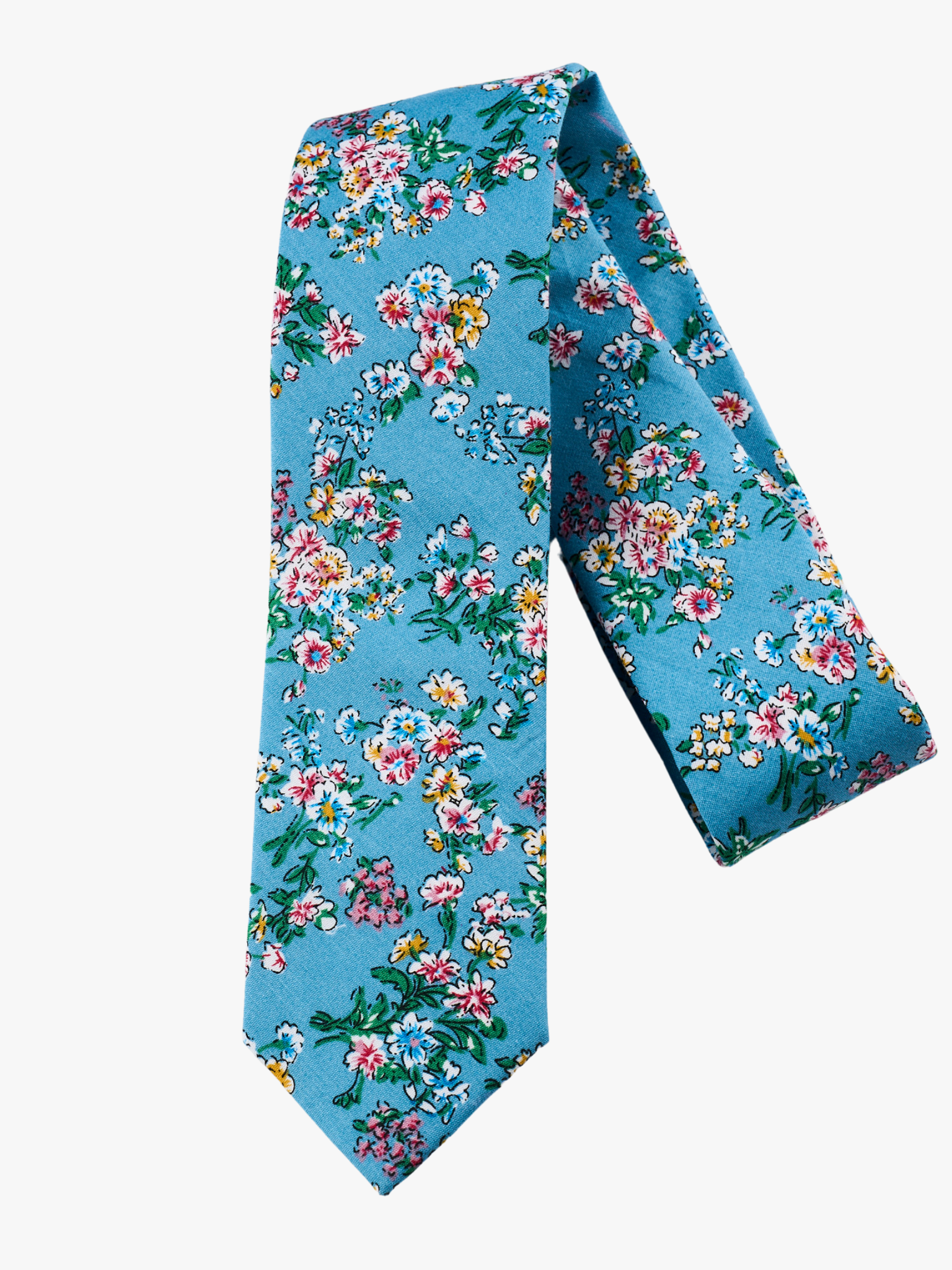 A folded woven cotton, floral men's tie with watercolor turqouise flowers, pink and yellow blossoms, and green leaves.