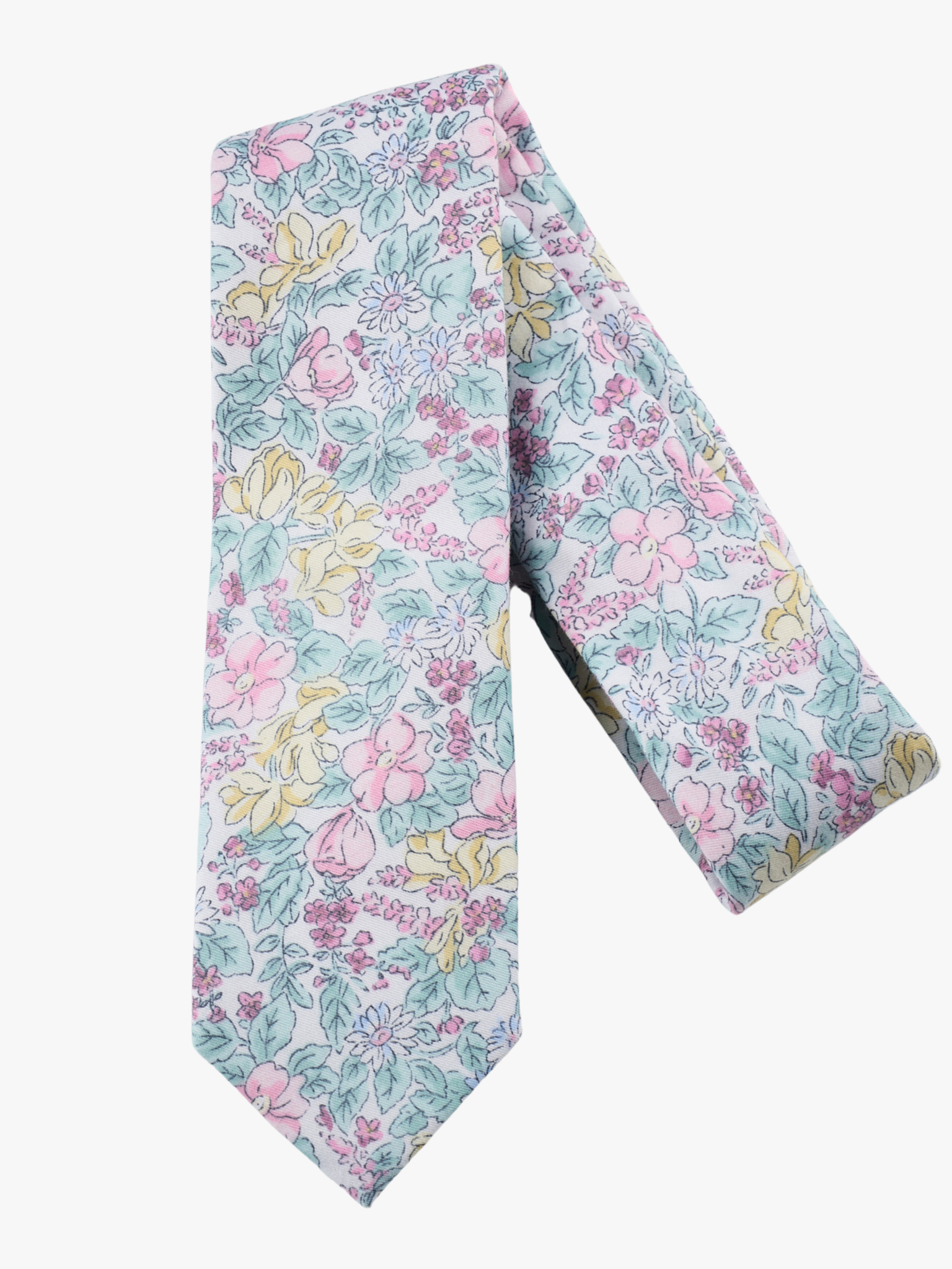 A folded pure cotton, floral adult men's necktie with pastel pink flowers, yellow petals, blossoms and light blue leaves.