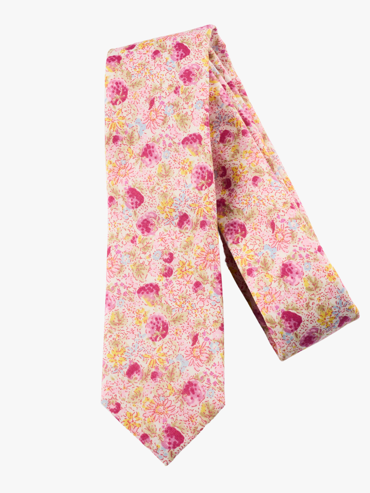 A folded floral adult men's necktie with pink berry flowers, dark petals, yellow blossoms, and pastel leaves on rose fabric.