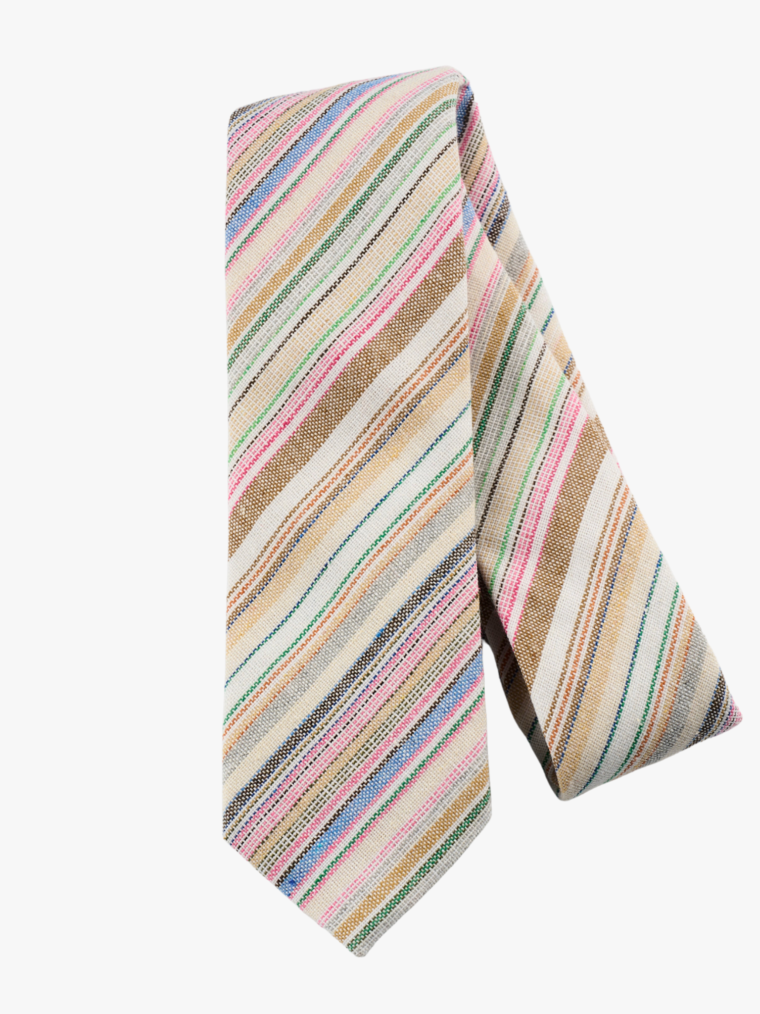 A folded striped adult men's necktie with pink stripes, light blue lines, thin off-white bars and diagonal designs.