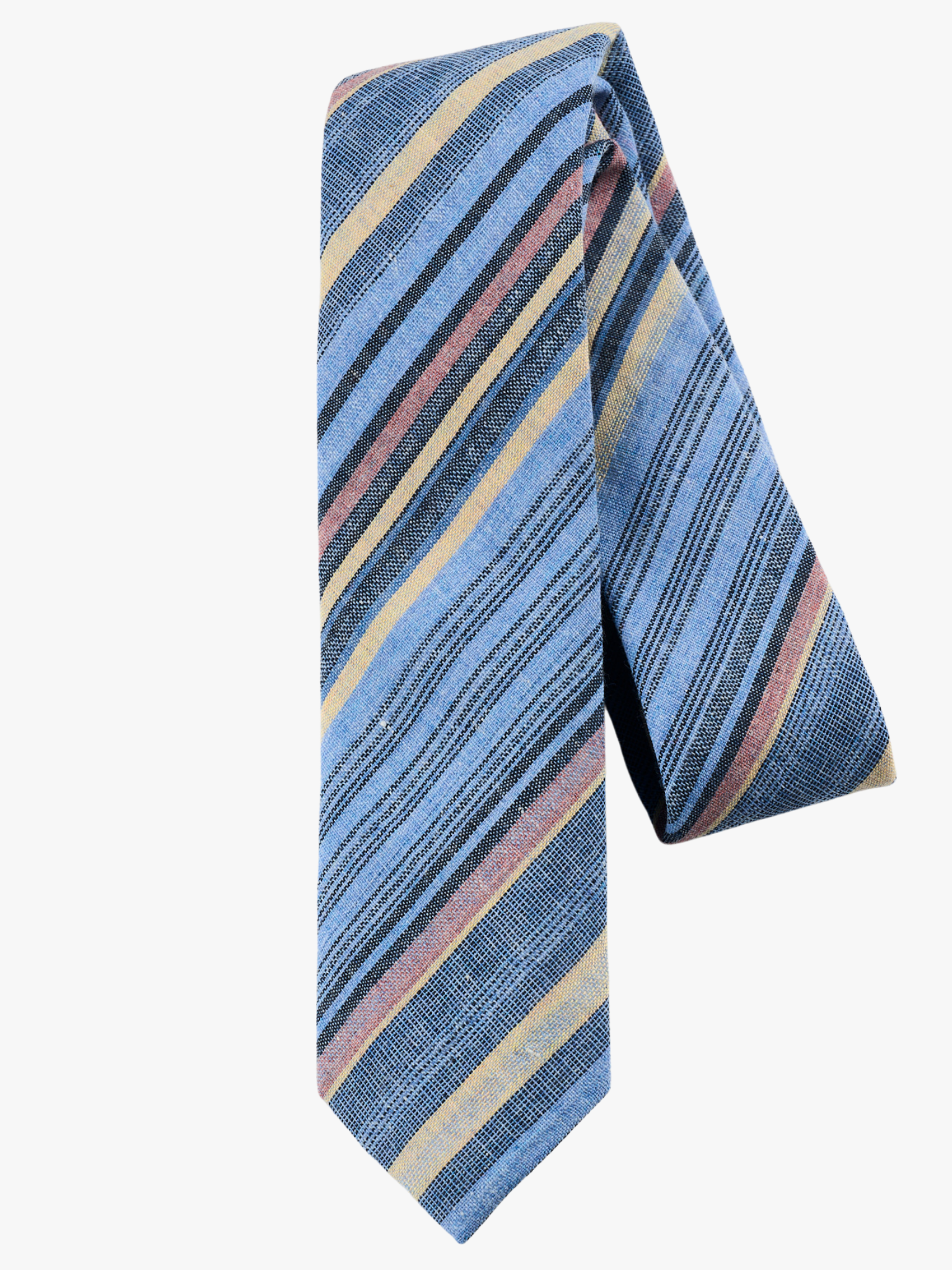 A folded pure cotton striped adult men's necktie with pastel blue stripes, navy lines, yellow bars and diagonal designs.