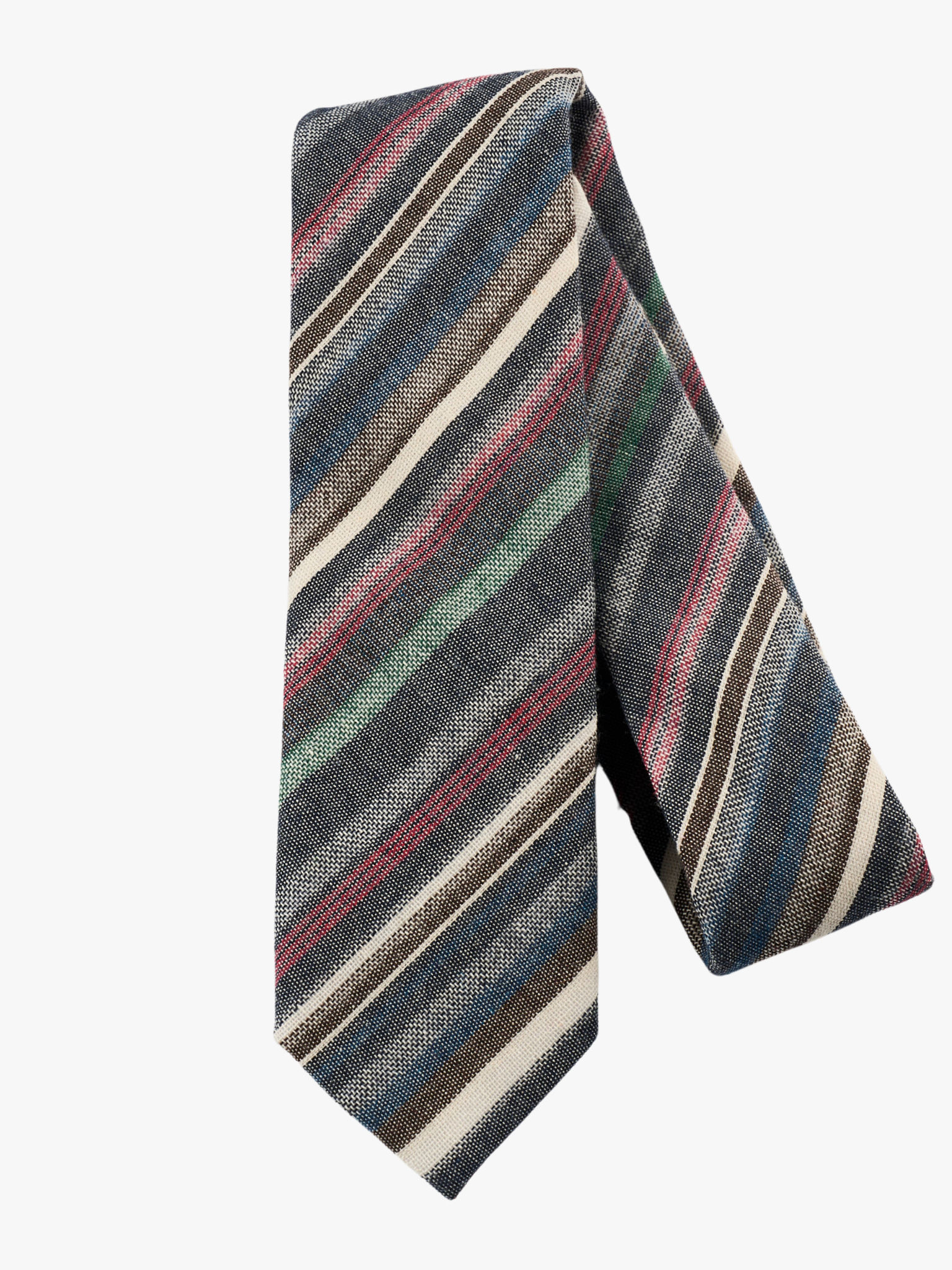 A folded woven cotton, striped men's tie with dark gray stripes, thin red lines, light grey bars and diagonal designs.