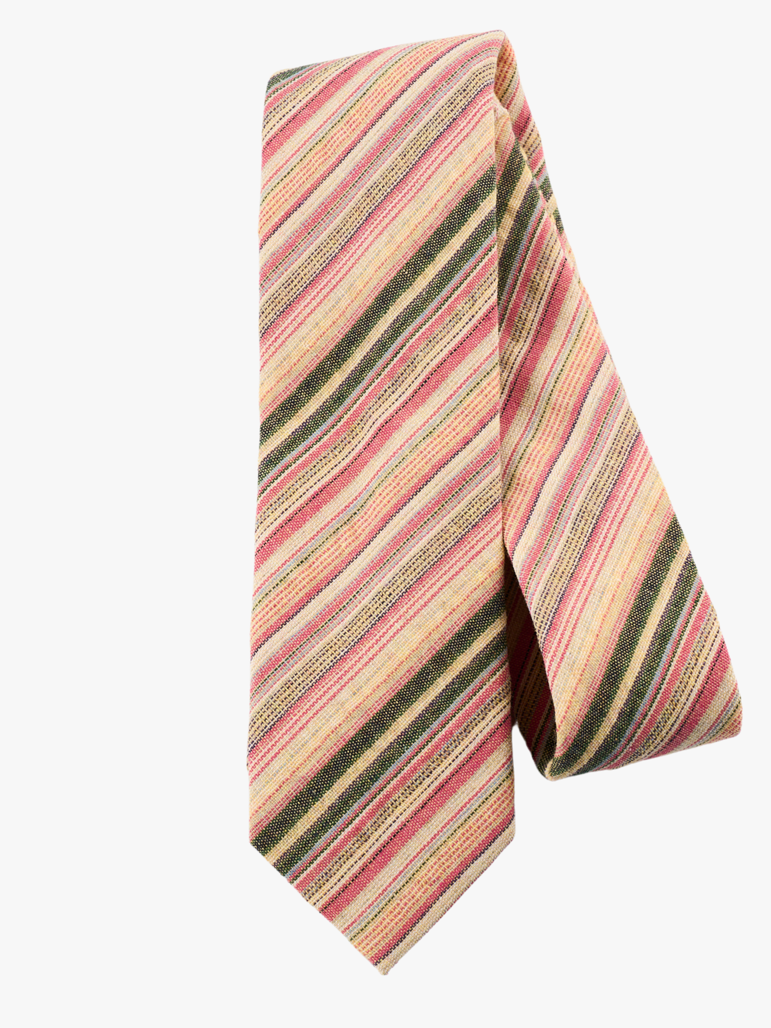 A folded pure cotton striped adult men's necktie with hot pink stripes, tan yellow lines, dark bars and diagonal designs.