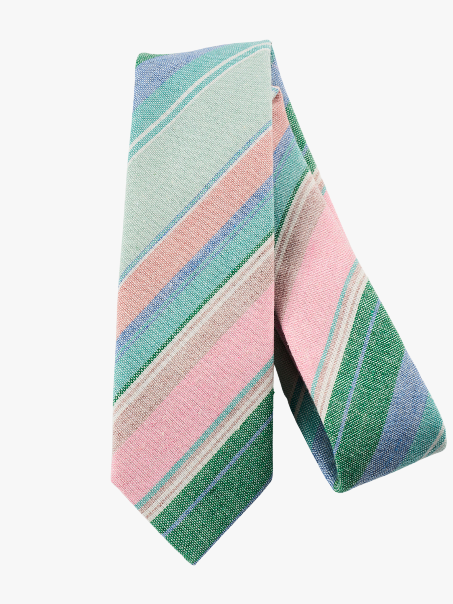 A folded striped adult men's necktie with light pink stripes, baby blue lines, dark green bars and diagonal designs.