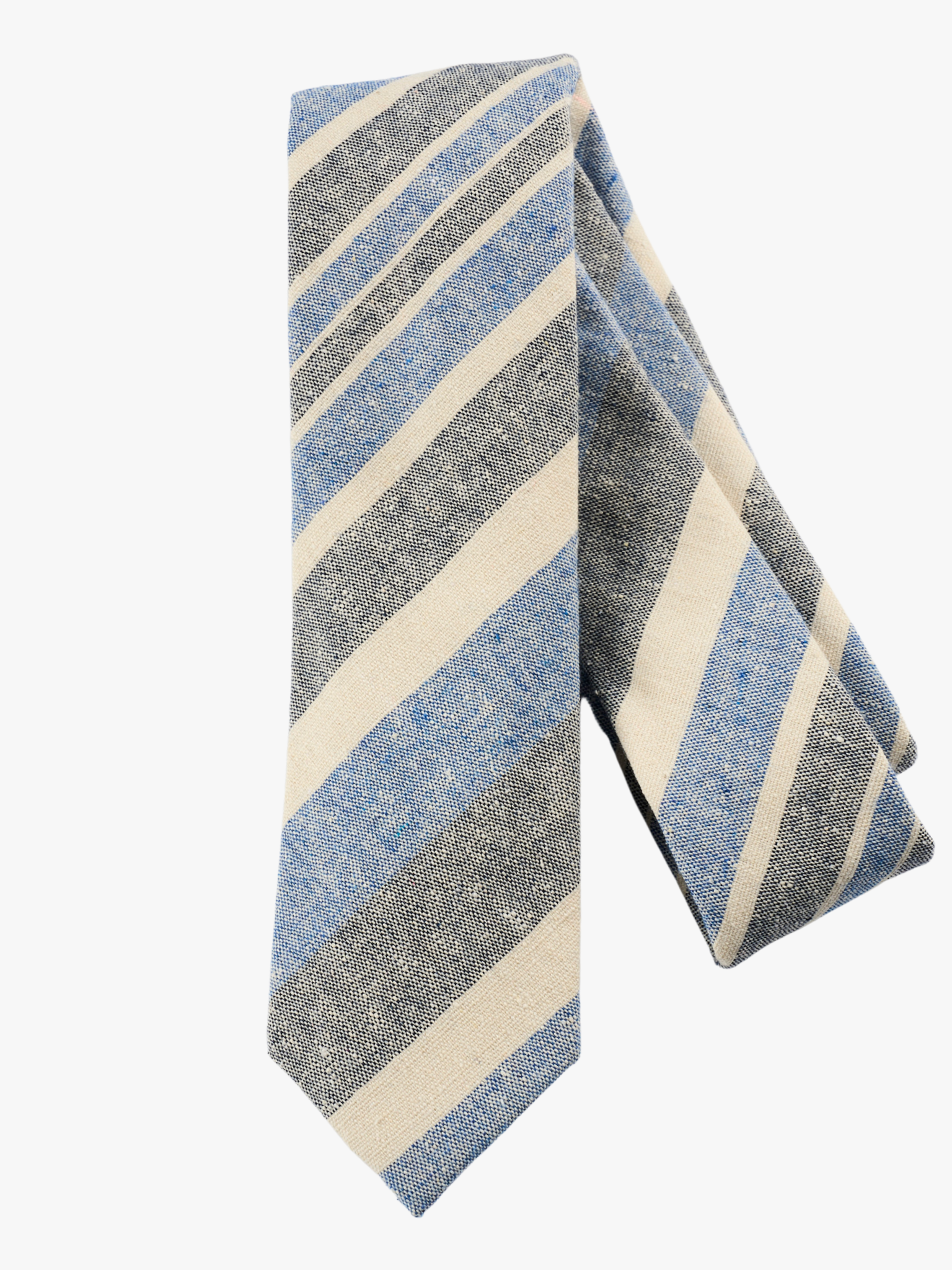 A folded striped adult men's necktie with denim blue stripes, beige cream lines, gray/grey bars and diagonal designs.