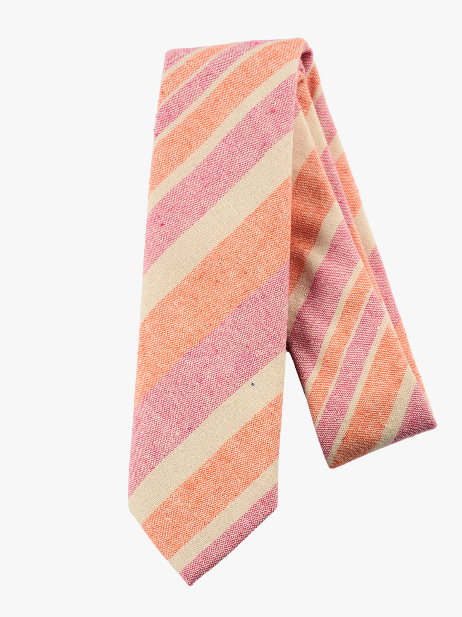 A folded pure cotton striped adult men's necktie with hot pink stripes, beige lines, orange cream bars and diagonal designs.