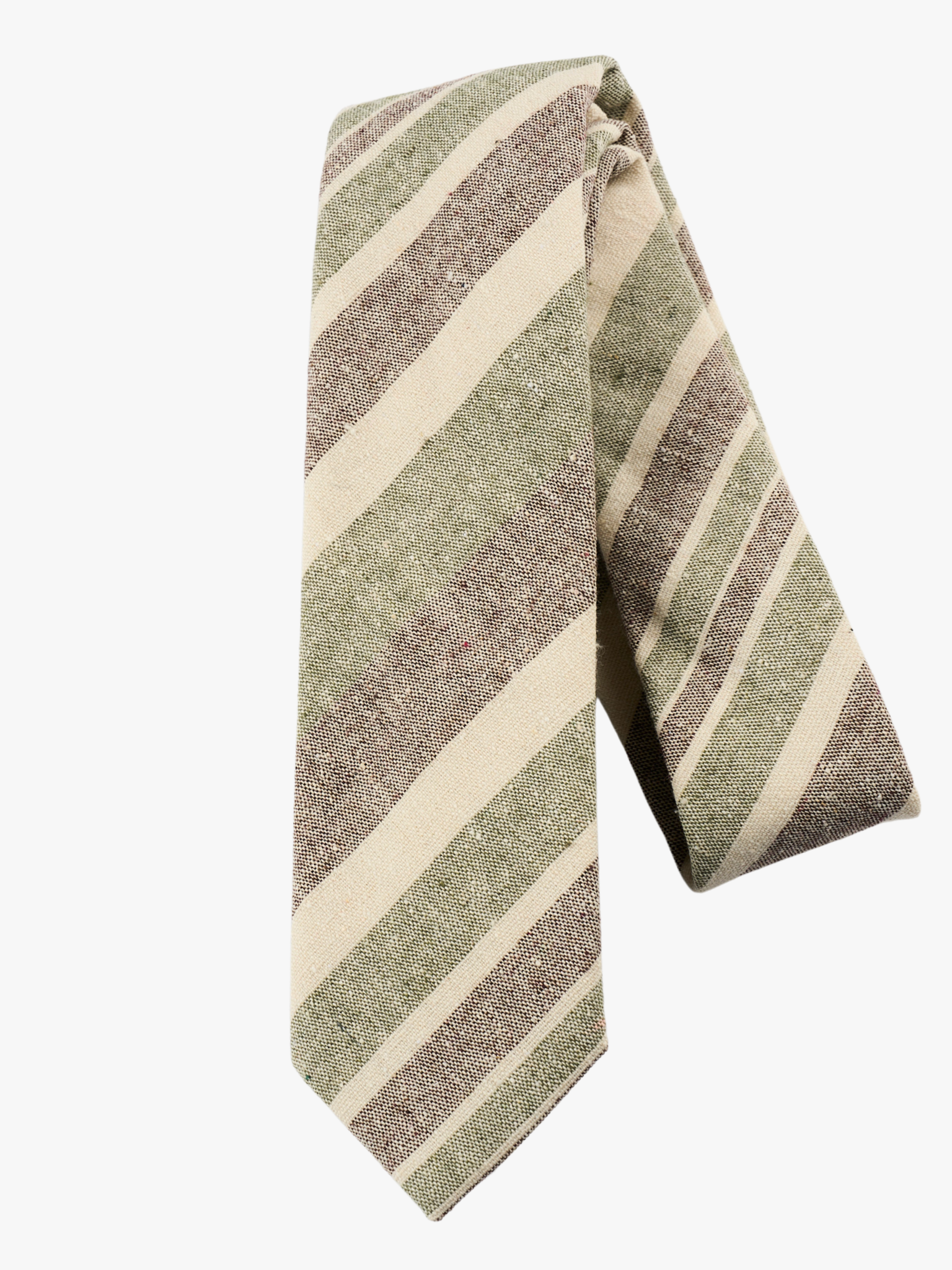 A folded pure cotton striped adult men's necktie with olive green stripes, cream lines, grey bars and diagonal designs.