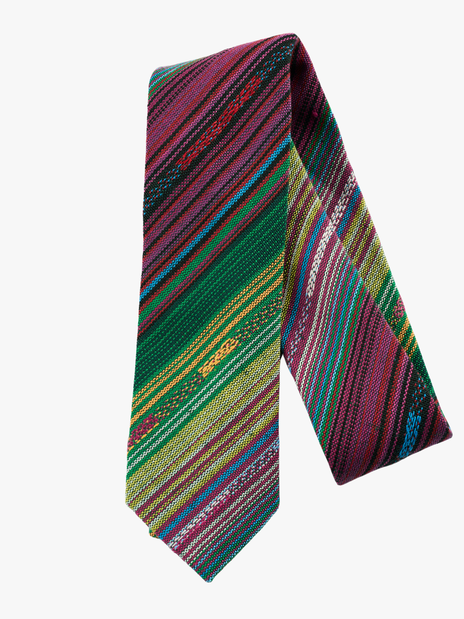 A folded Latin American-inspired striped tie for adult mengreen stripes, purple lines, yellow bars, and blue designs.