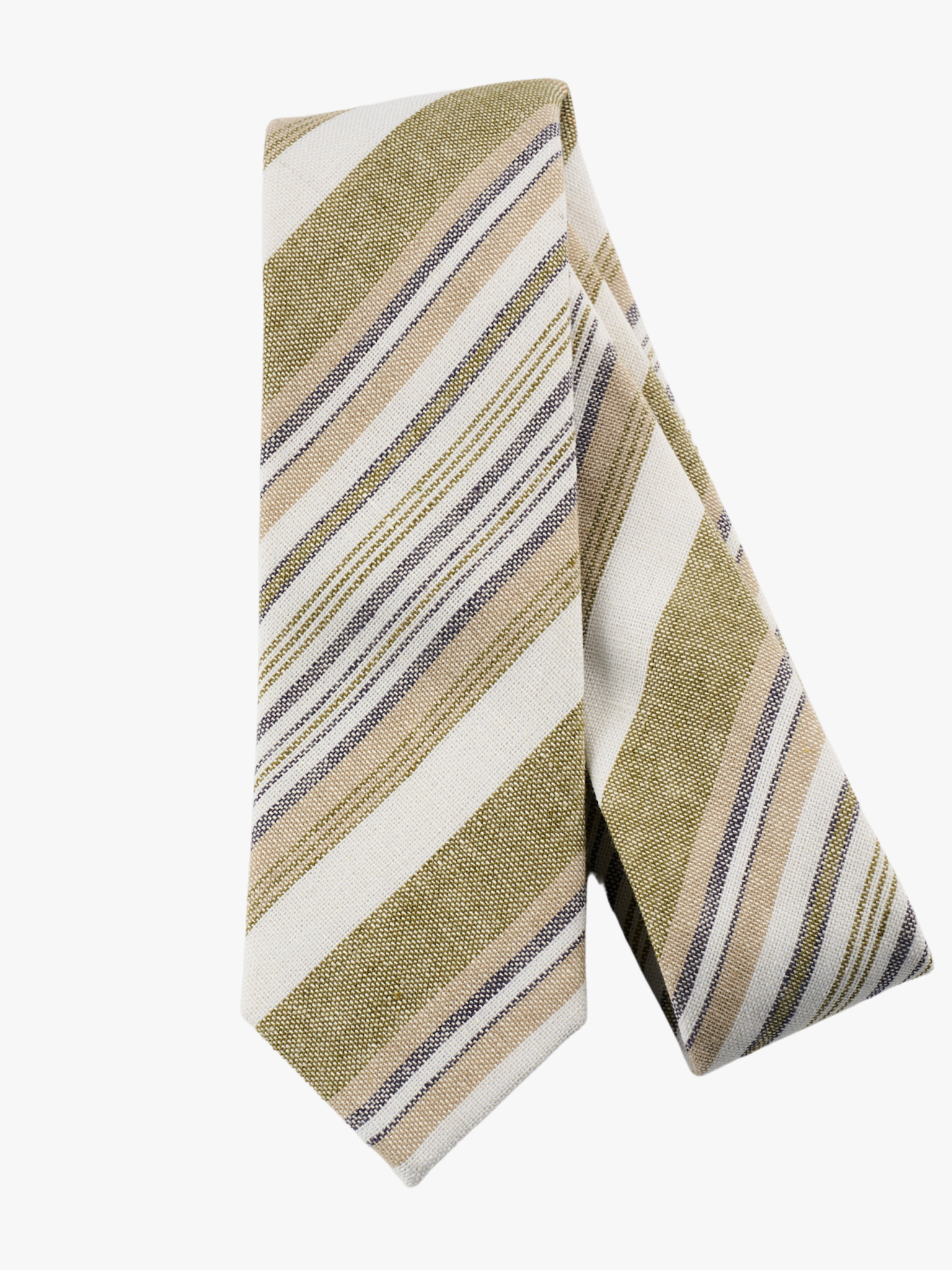 A folded pure cotton, striped adult men's necktie with thin gold stripes, thick tan lines, white bars and diagonal designs.