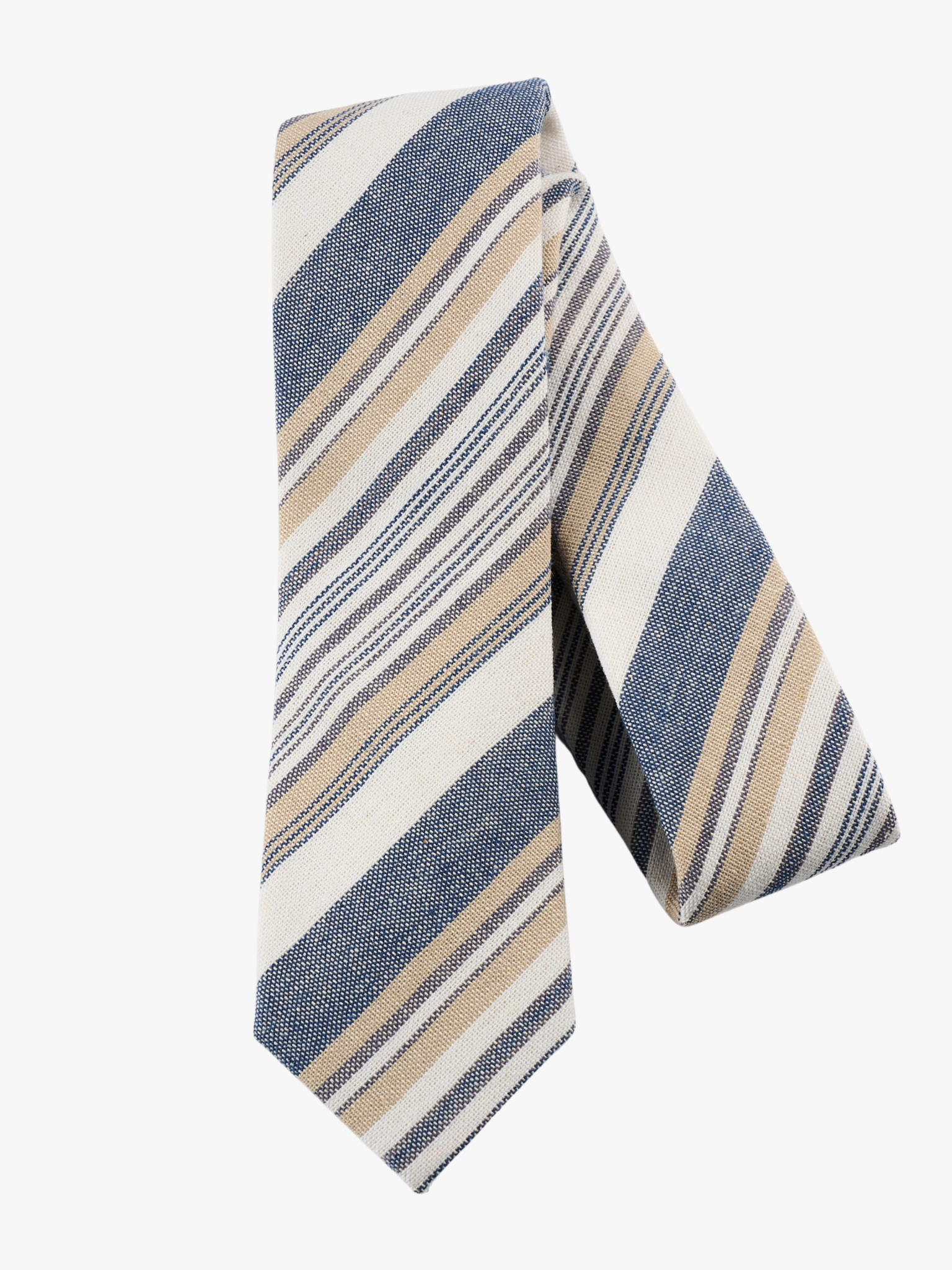 A folded woven cotton, striped men's tie with thin dark blue stripes, white lines, gold bars, and diagonal designs.