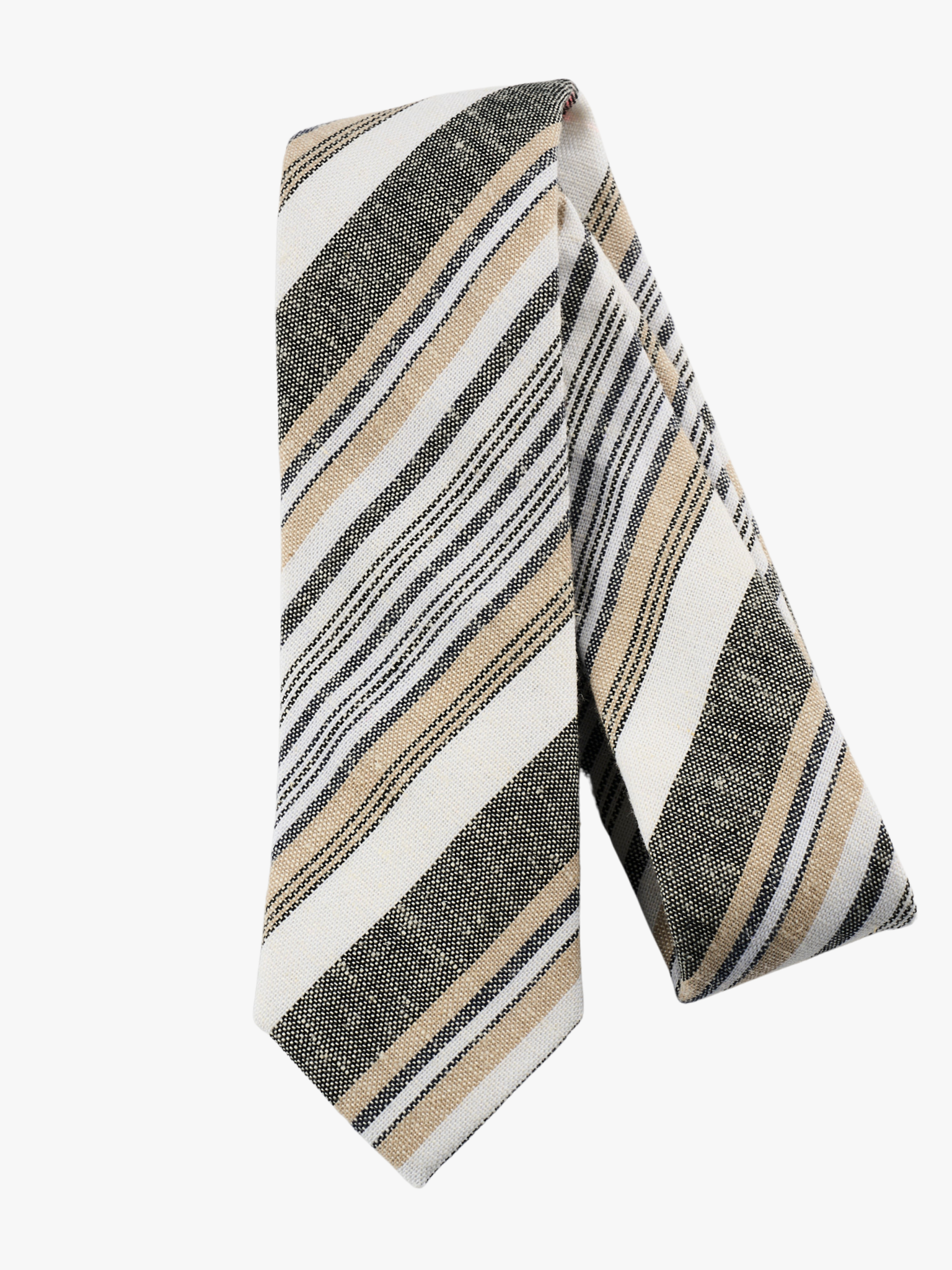 A folded pure cotton, striped adult men's necktie with dark gray stripes, white lines, gold bars and diagonal designs.