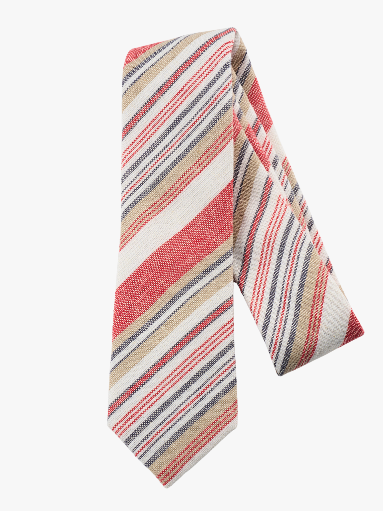 A folded pure cotton, striped adult men's necktie with bold red stripes, white lines, gold bars, and diagonal designs.