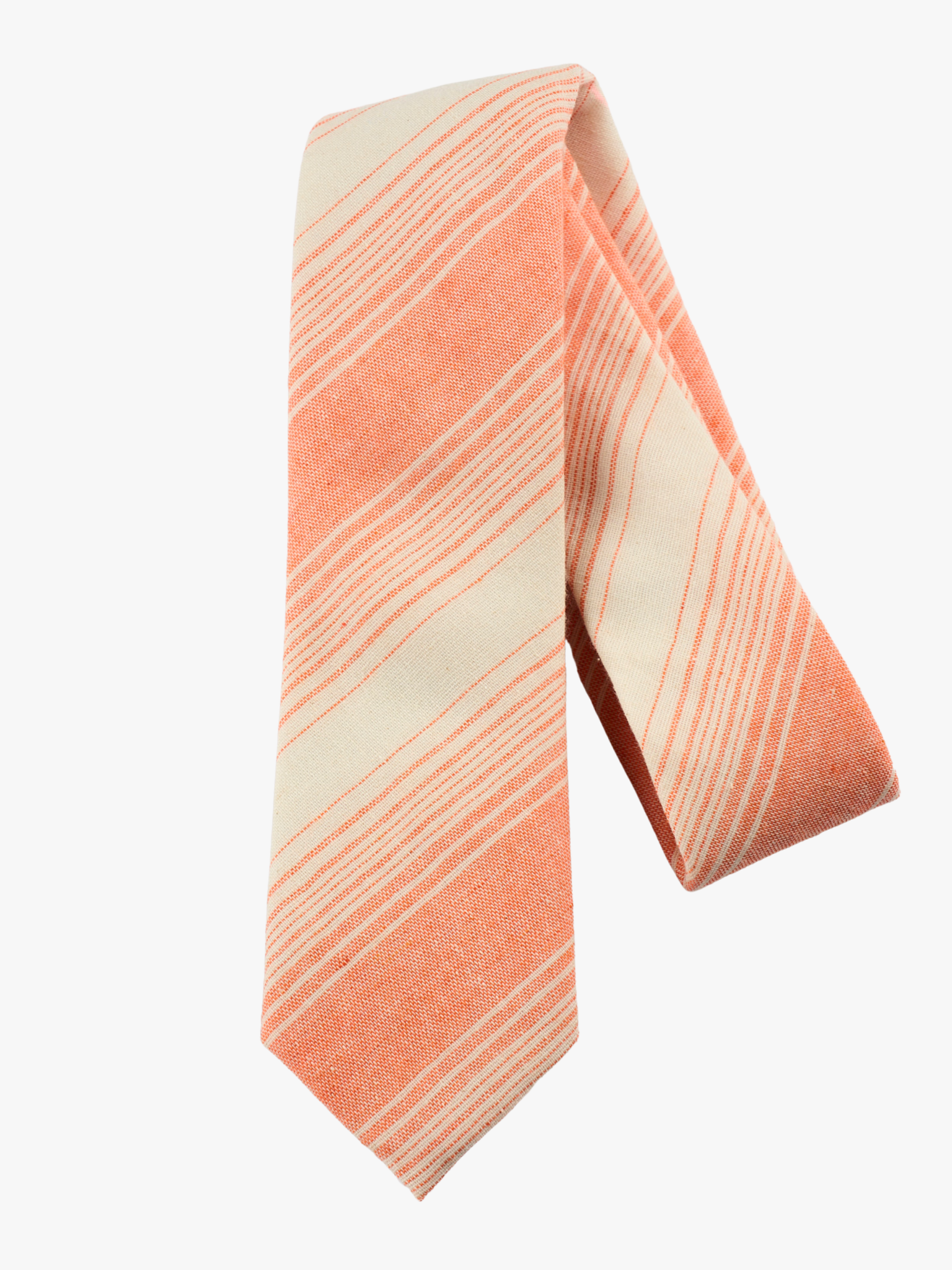 A folded striped adult men's necktie with orange stripes, thin beige cream lines,  and off-white diagonal designs.