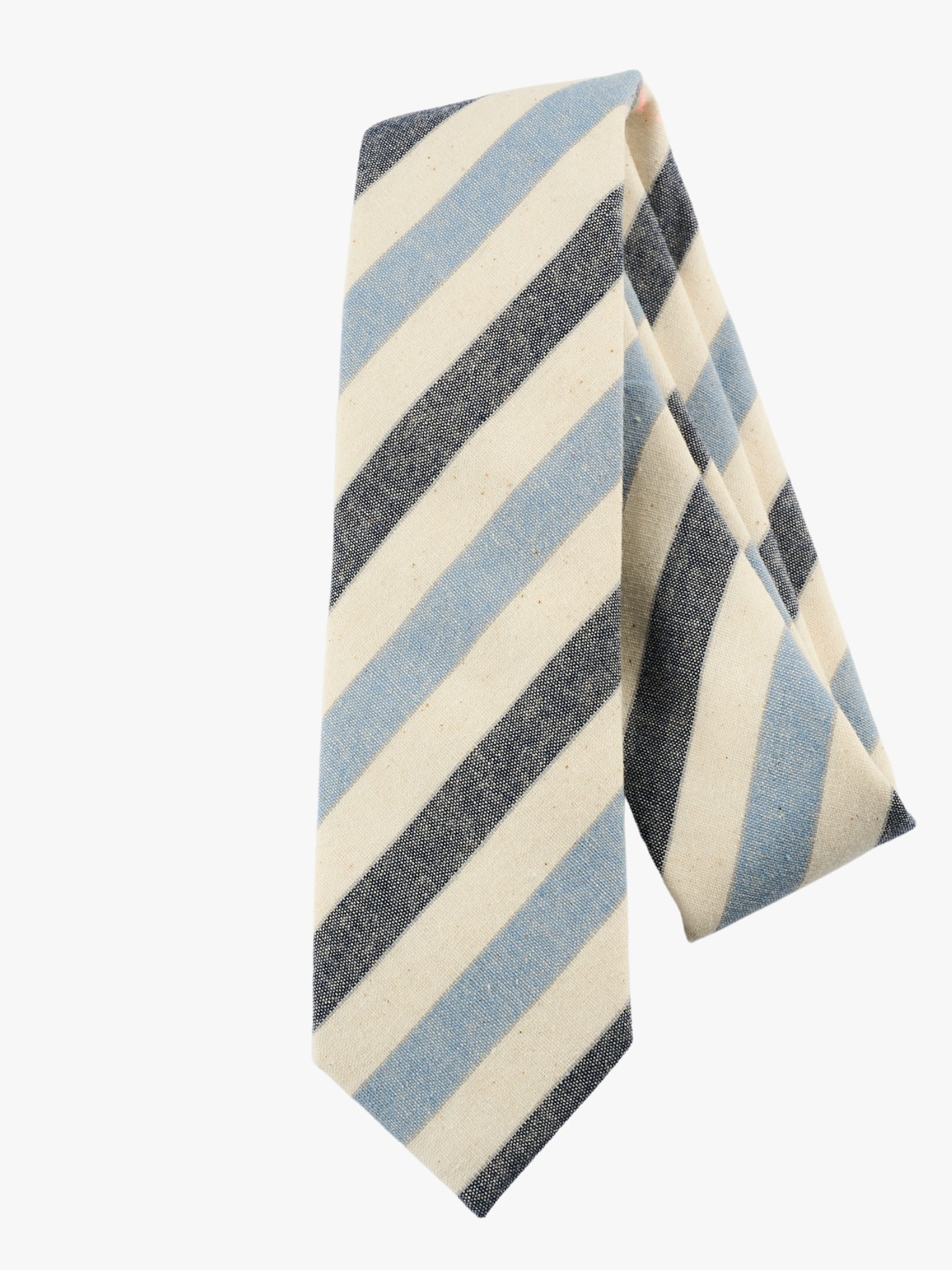 A folded woven cotton, striped men's tie with light baby blue stripes, navy lines, cream bars and diagonal off-white designs.