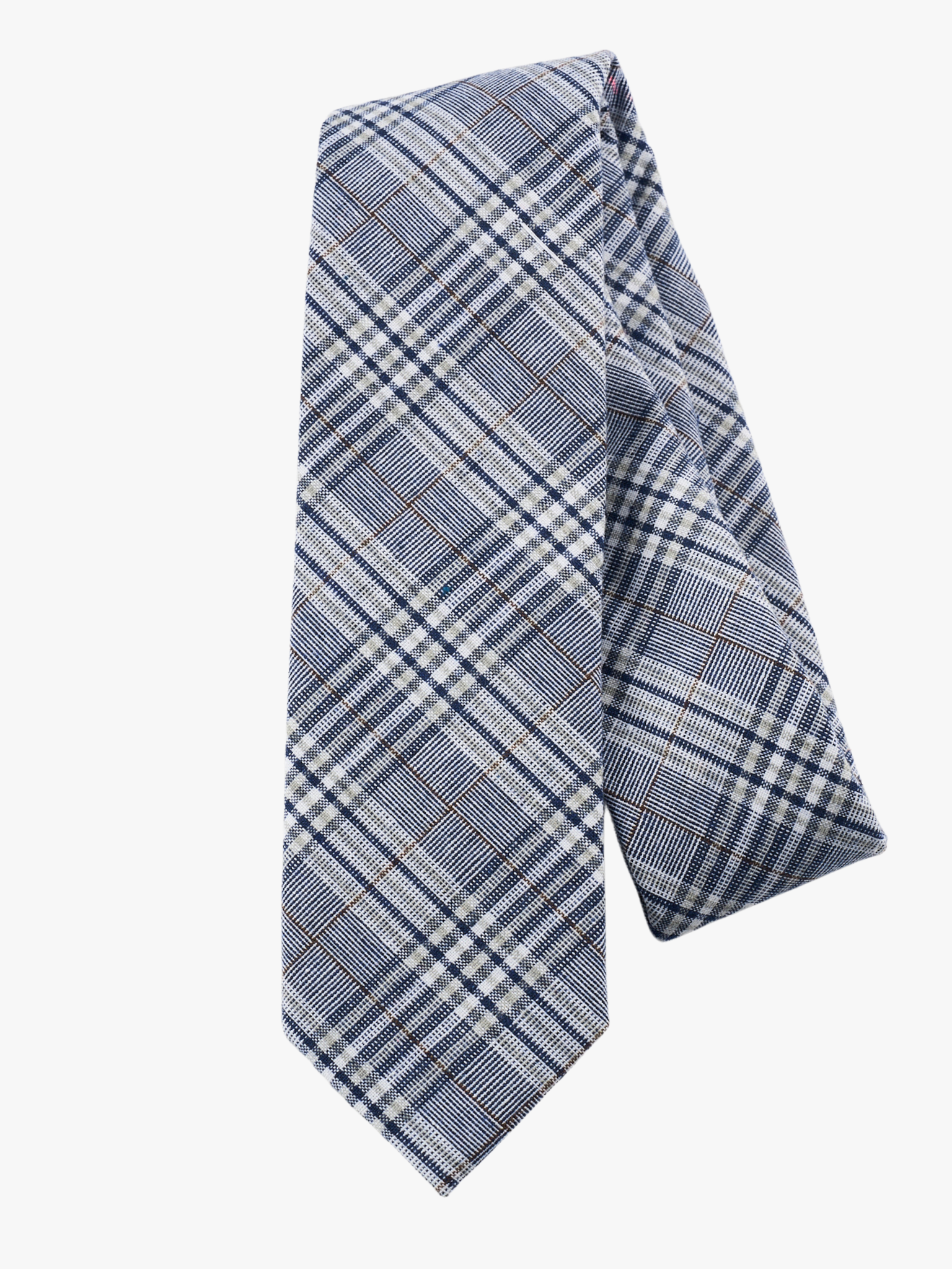 A folded woven cotton, plaid men's tie with navy plaid pattern with light blue stripes, and diagonal white bars.