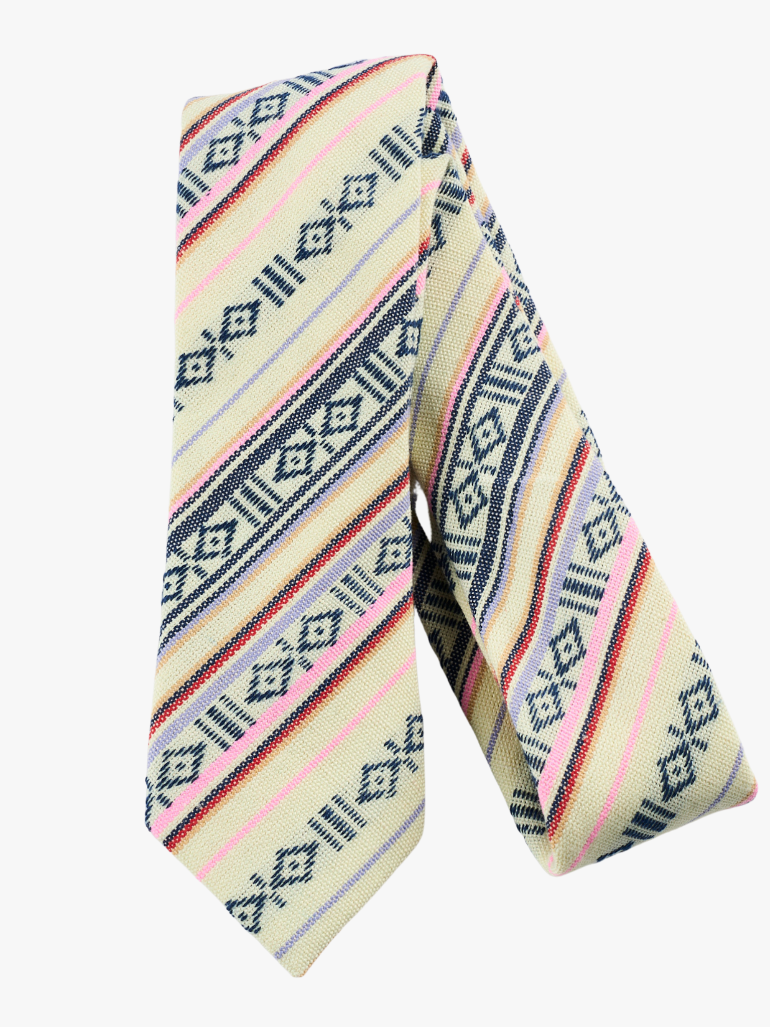 A folded Mexico-inspired striped tie for men with black stripes, pink lines, red bars and diagonal designs.