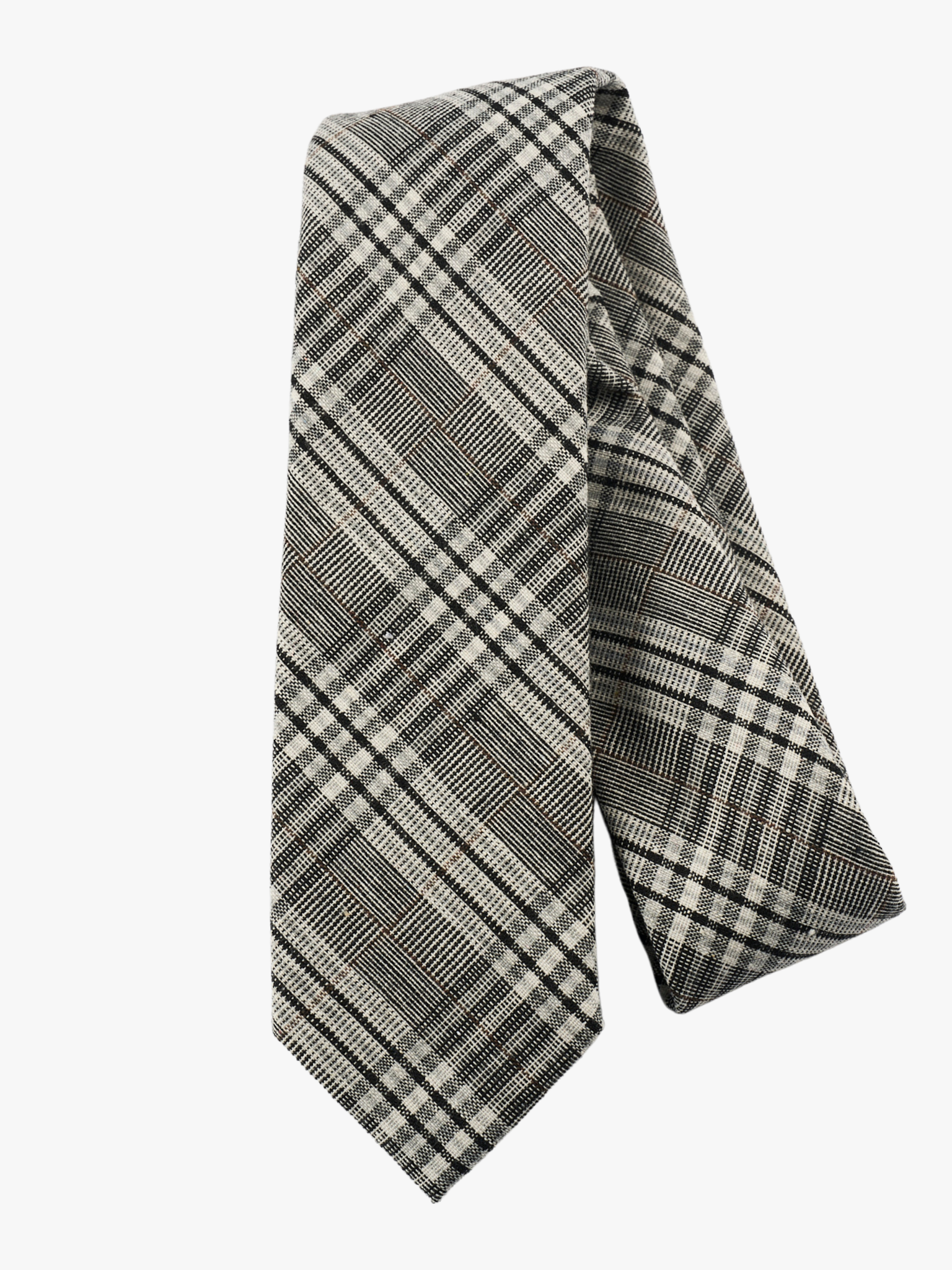 A folded woven cotton, plaid men's tie with black plaid pattern with light gray stripes, and diagonal white bars.