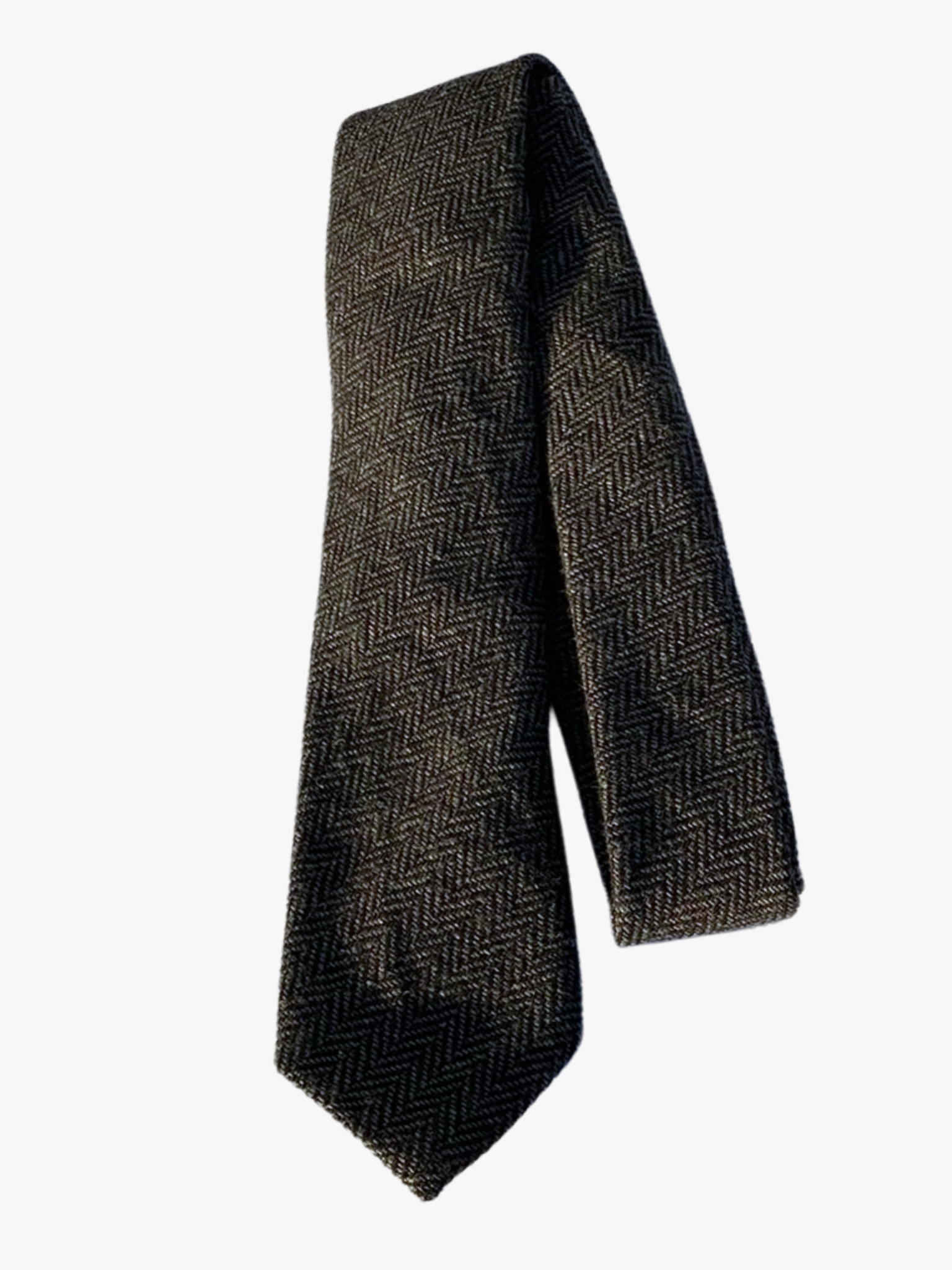 A folded herringbone adult men's necktie with alternating black and dark grey arrows designs on a soft cotton fabric.