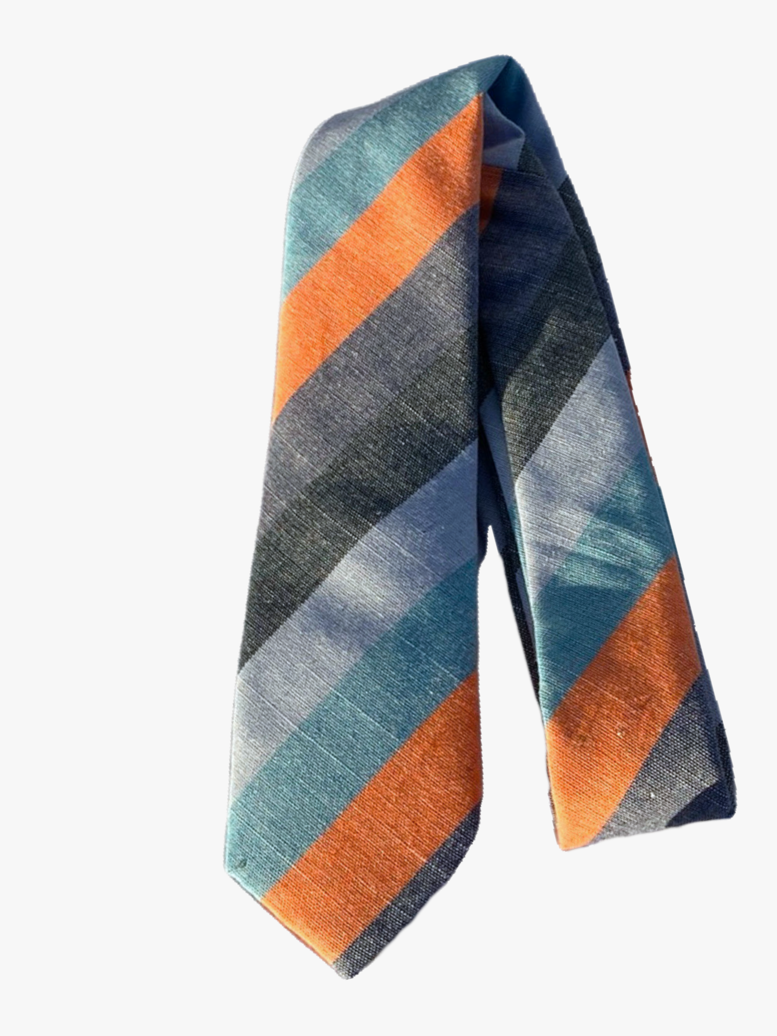 A folded striped adult men's necktie with thick evenly spaced lines of orange, navy blue, light blue, and turquoise.