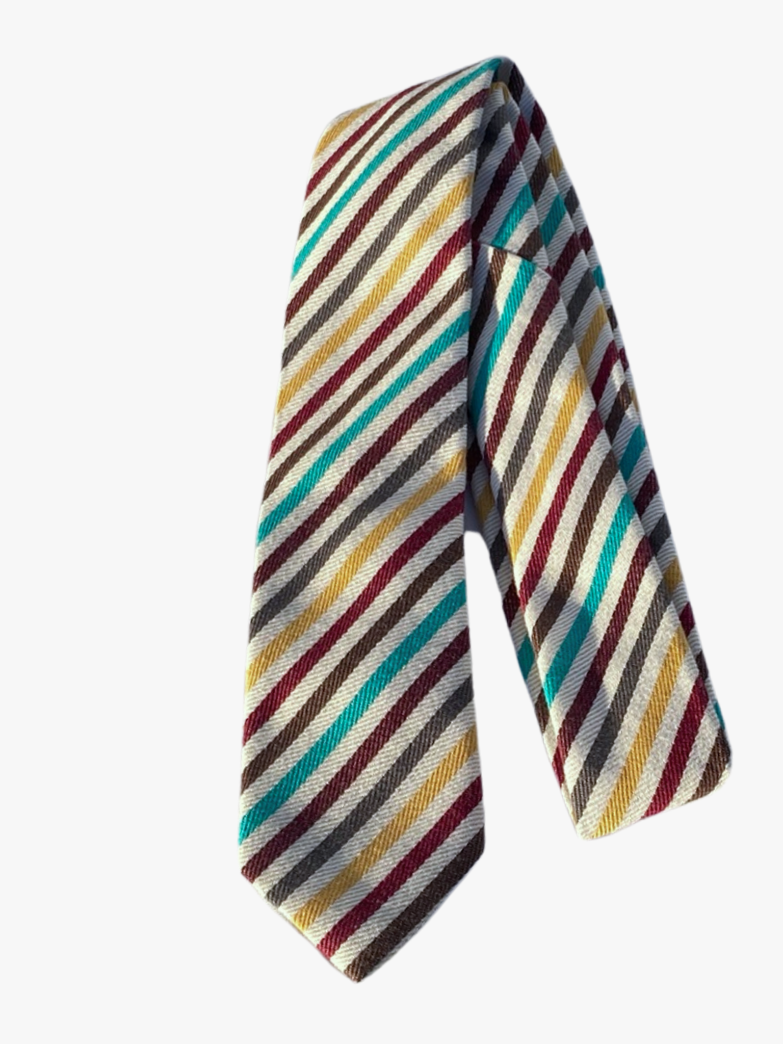 A folded striped adult men's necktie with beige fabric and repeating thin lines of gray, turquoise, maroon, and yellow.