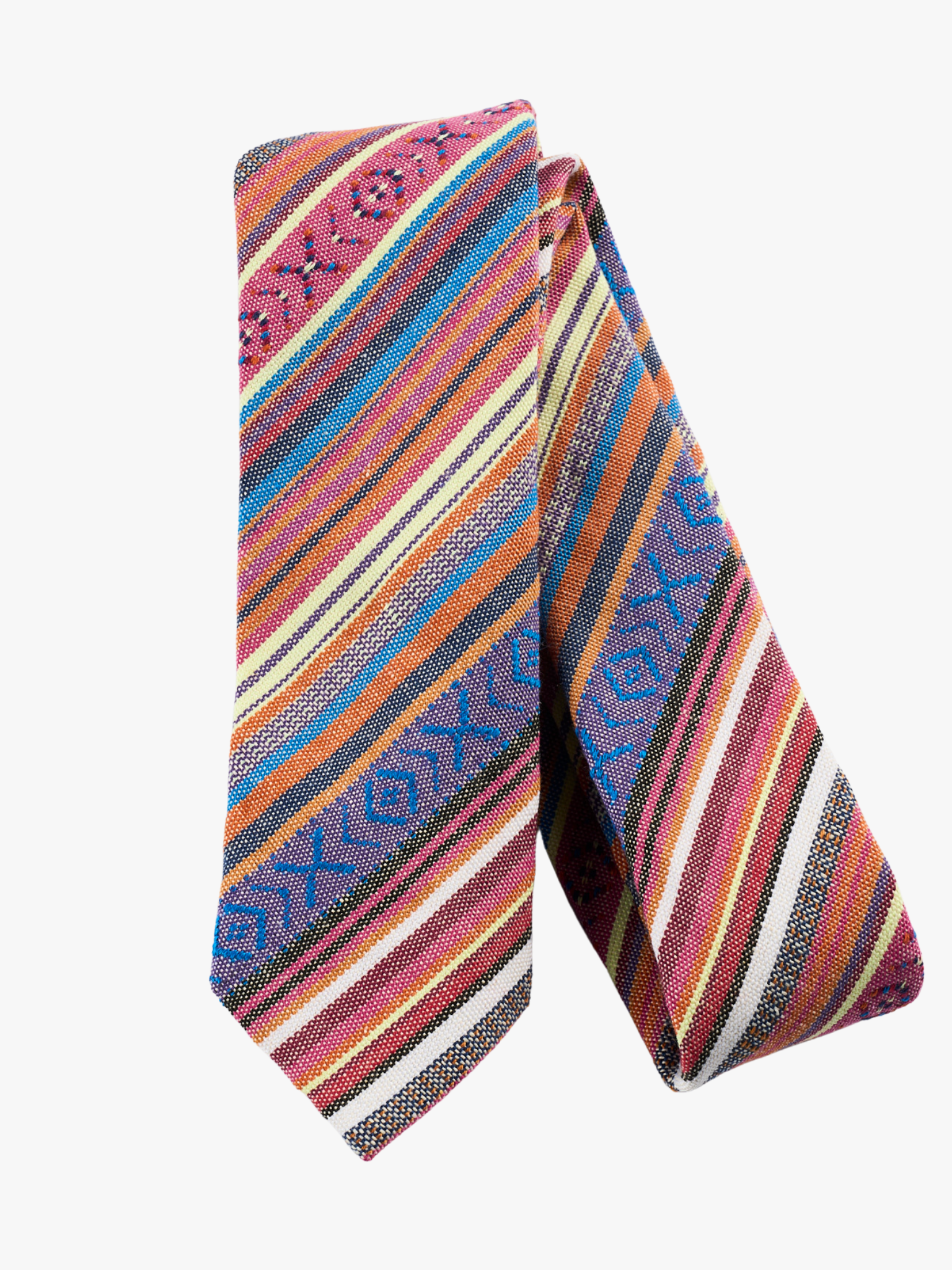 A folded Mexico-inspired striped tie for men with blue stripe, orange lines, red bars and cross designs.