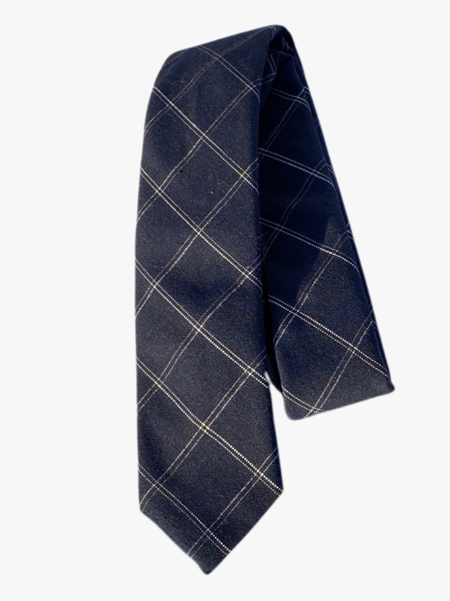 A folded plaid adult men's necktie with a simple plain navy blue fabric accented with white parrallel grid lines.