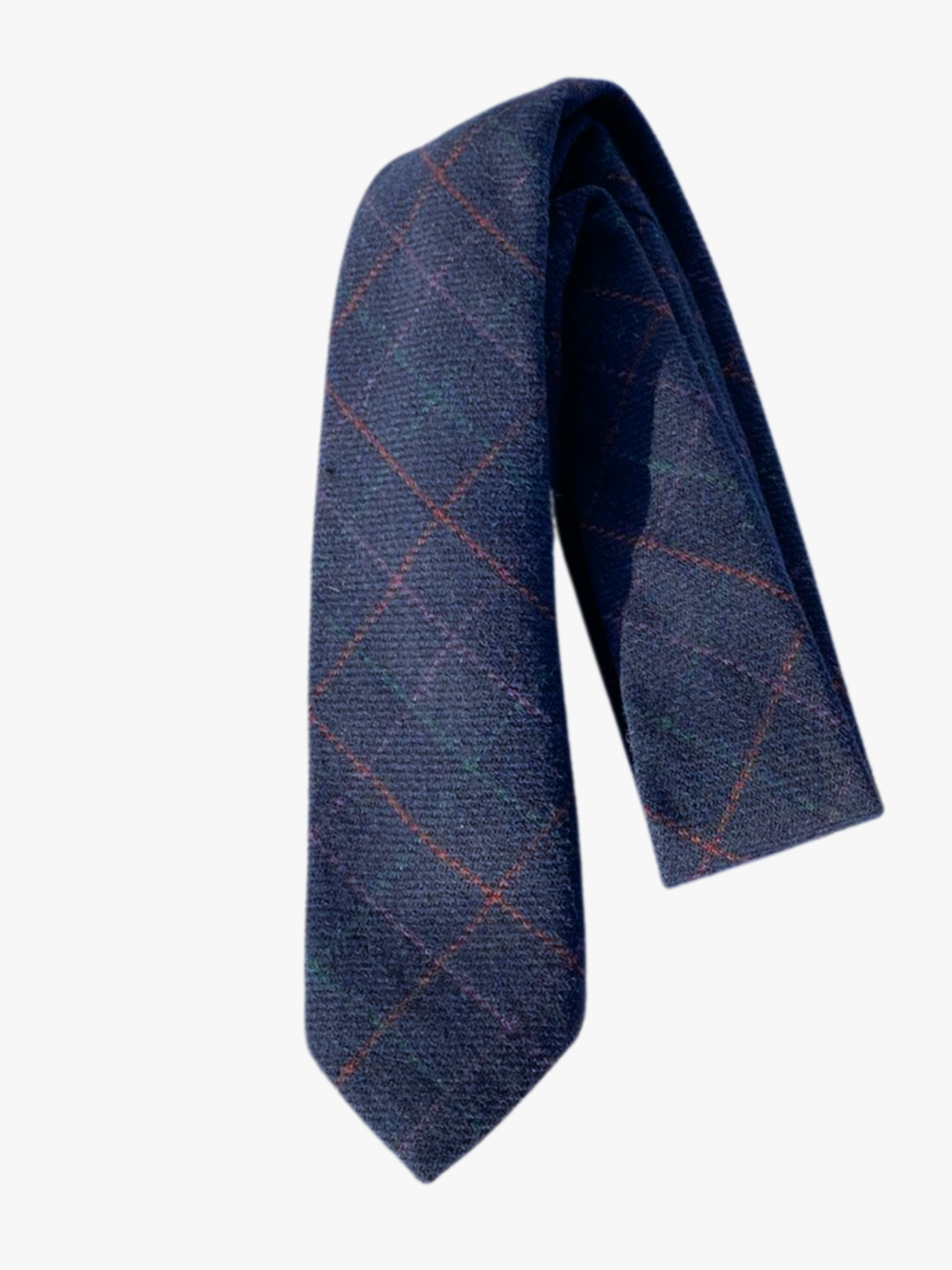 A folded plaid adult men's necktie with a deep navy blue fabric accented with dotted lines of red, green, and purple.