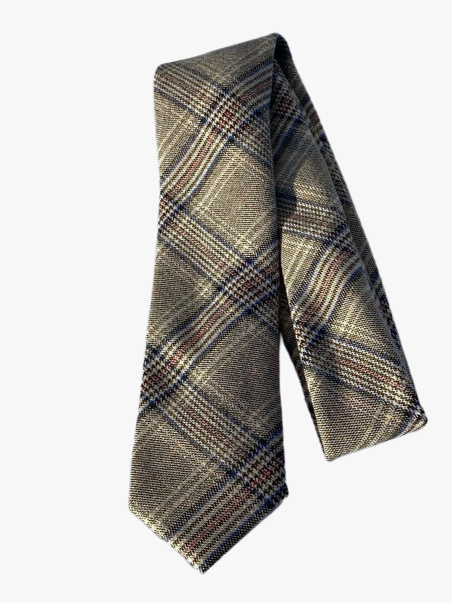 A folded tight plaid adult men's necktie with brown fabric, tan accents, and dark blue lines.