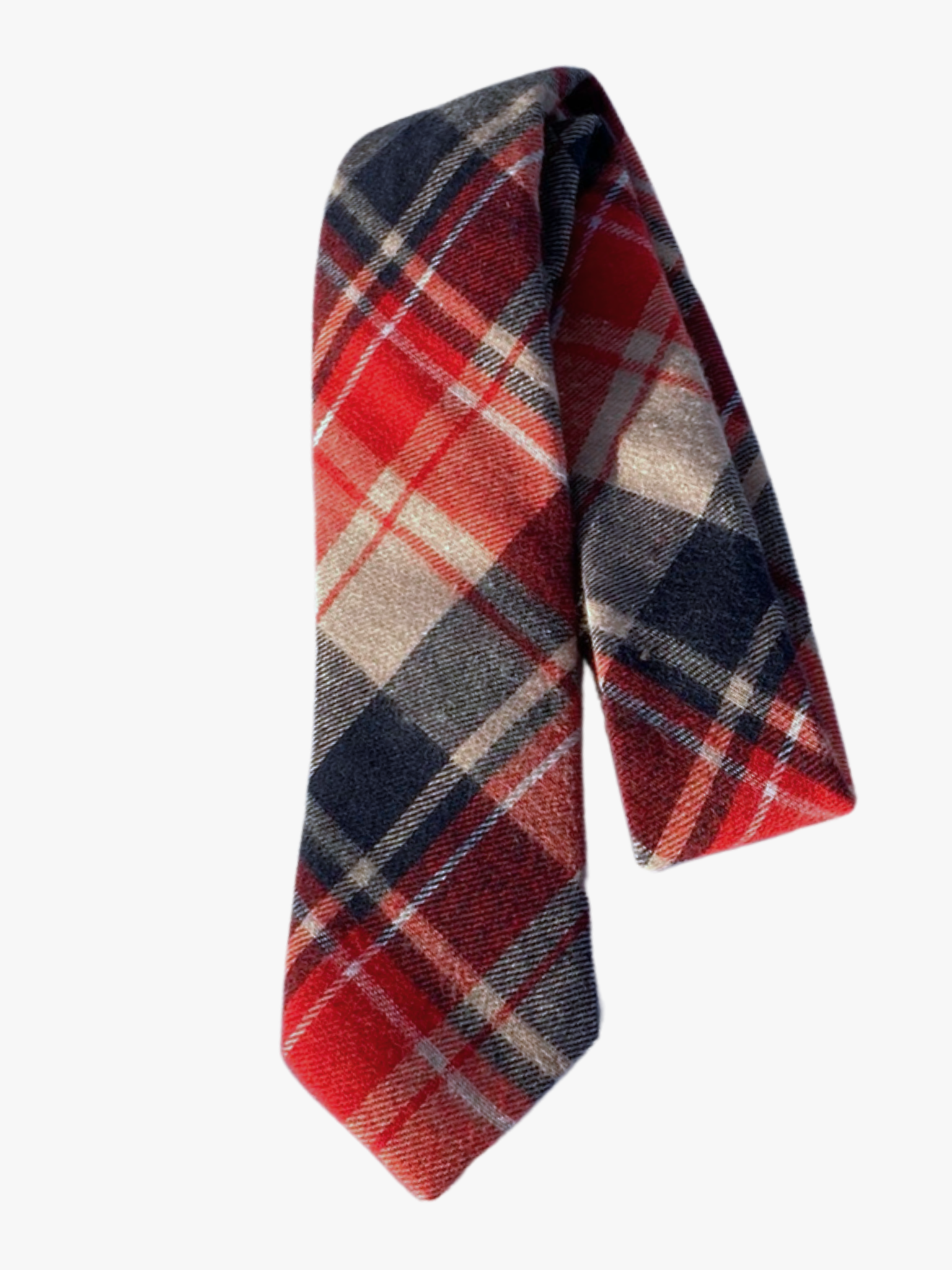 A folded plaid adult men's necktie with cozy cotton fabric and red, tan, and navy blue designs for the holidays.