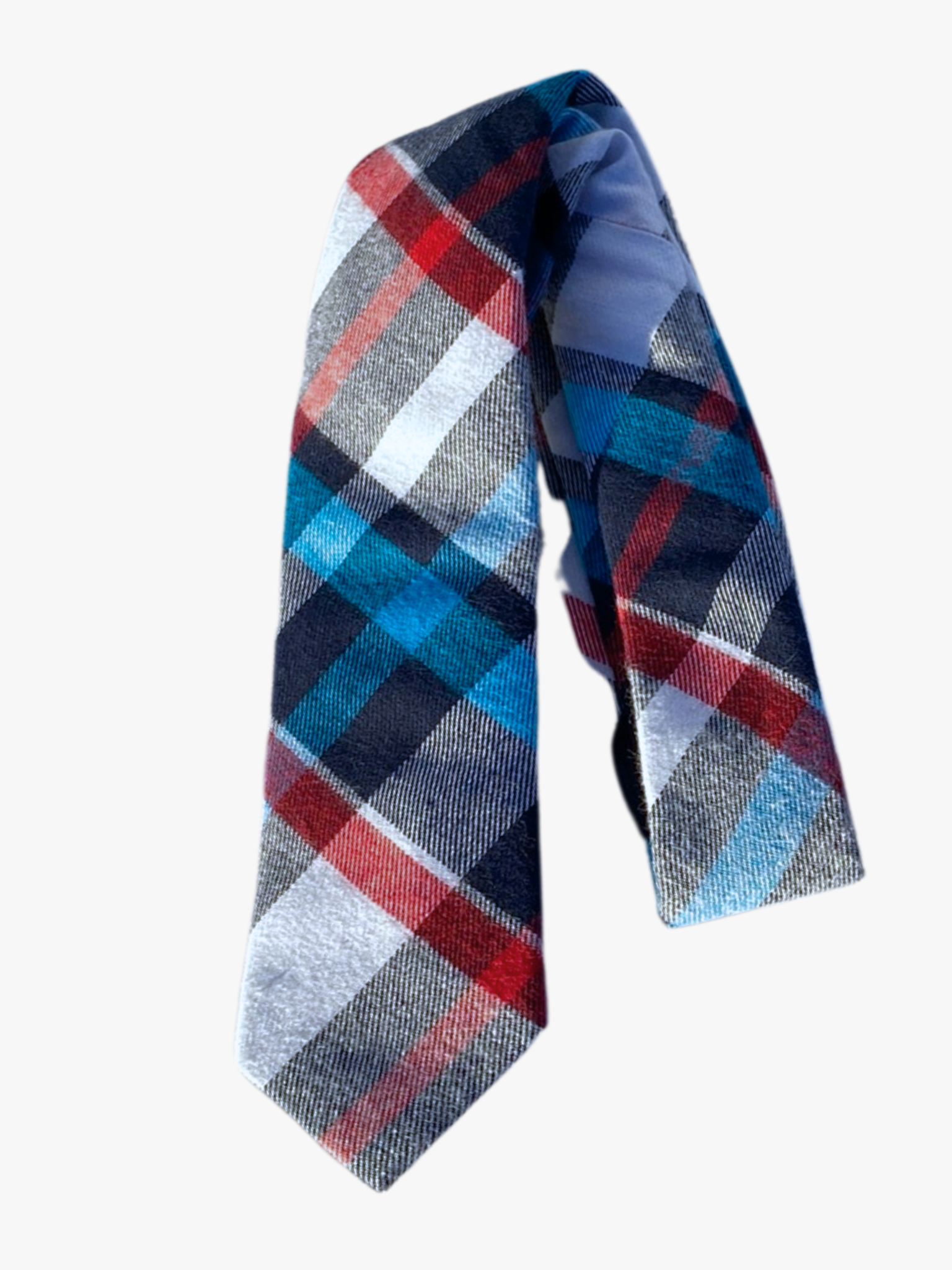 A folded plaid adult men's necktie with cozy cotton fabric and snow white, turquoise, red, and navy blue colors.