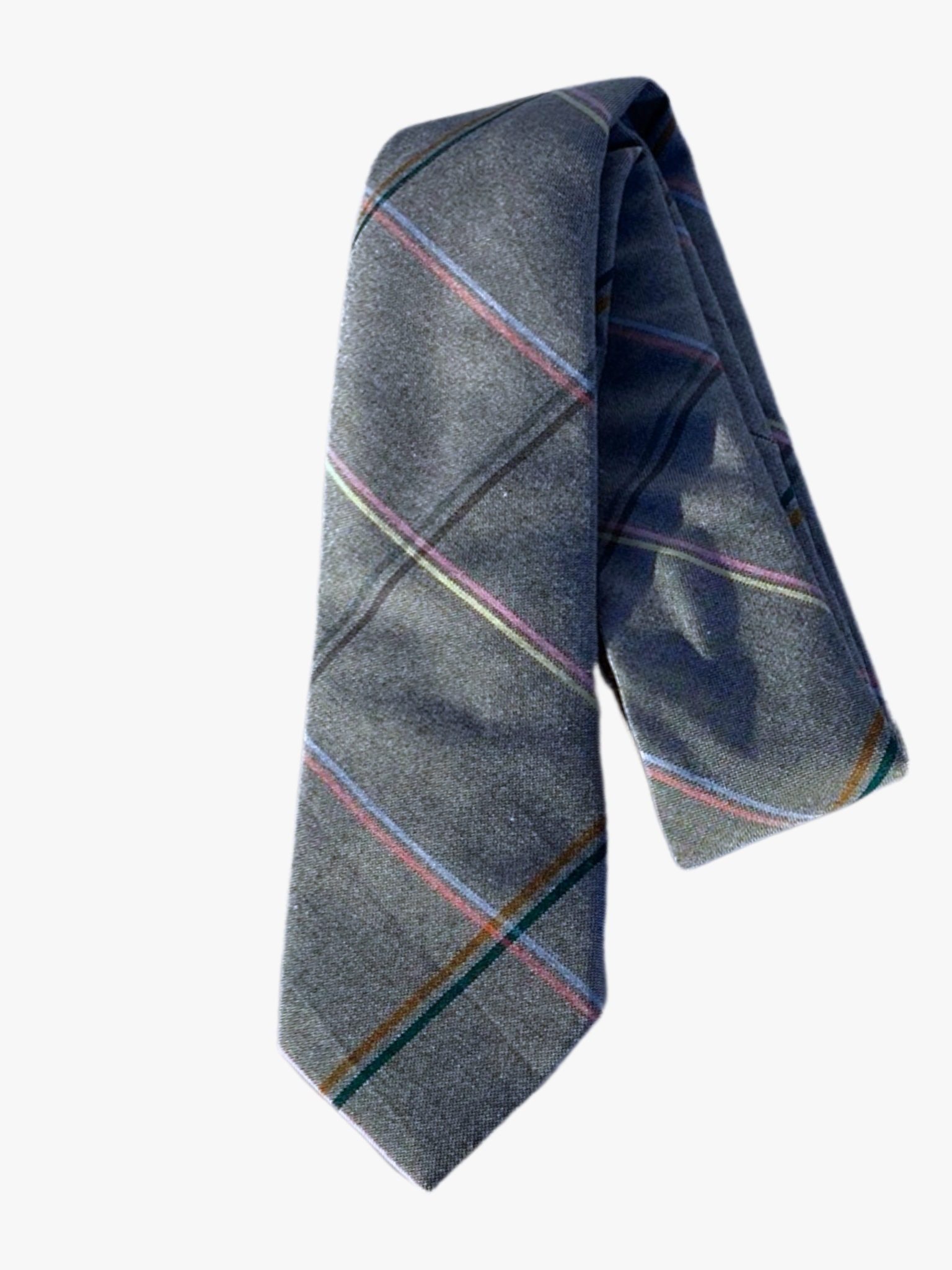 A folded plaid adult men's necktie with a nuanced gray fabric covered in colorful lines of pink, blue, brown, and yellow.