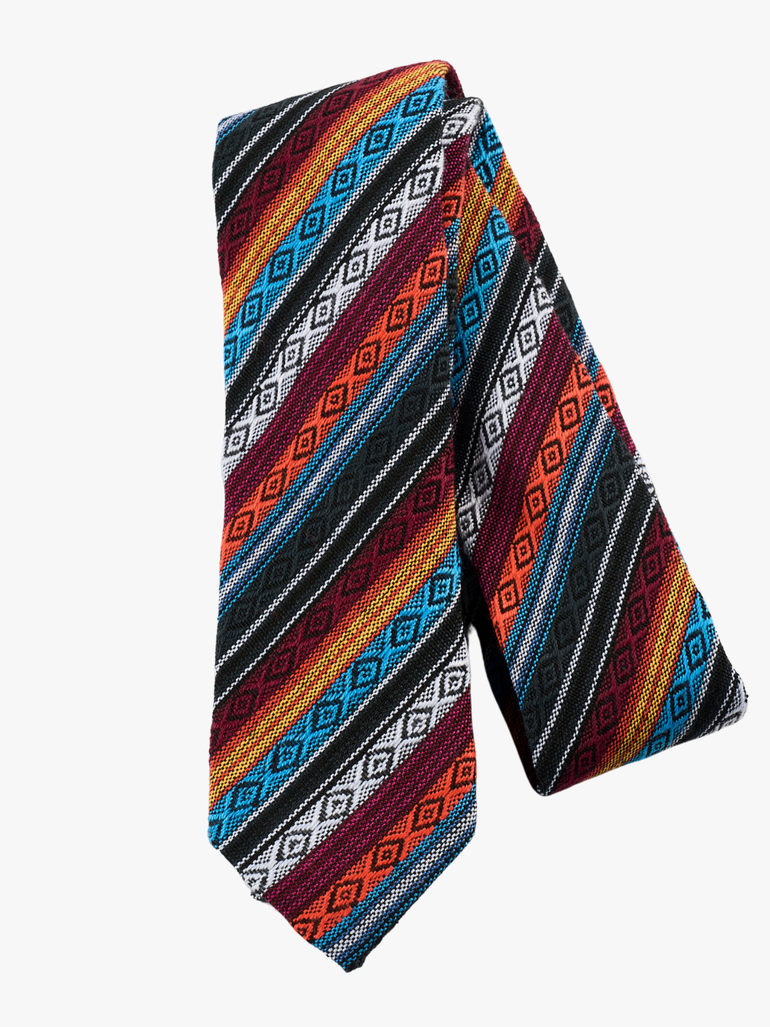 A folded Latin American-inspired striped tie for adult menblack stripe, wine red lines, orange bars, and blue designs.