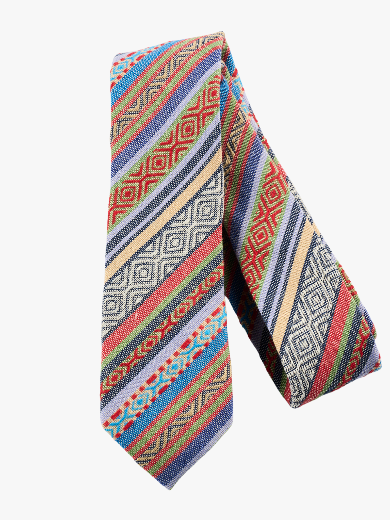 A folded Latin American-inspired striped tie for adult menred stripe, green lines, blue bars, and zig zag designs.