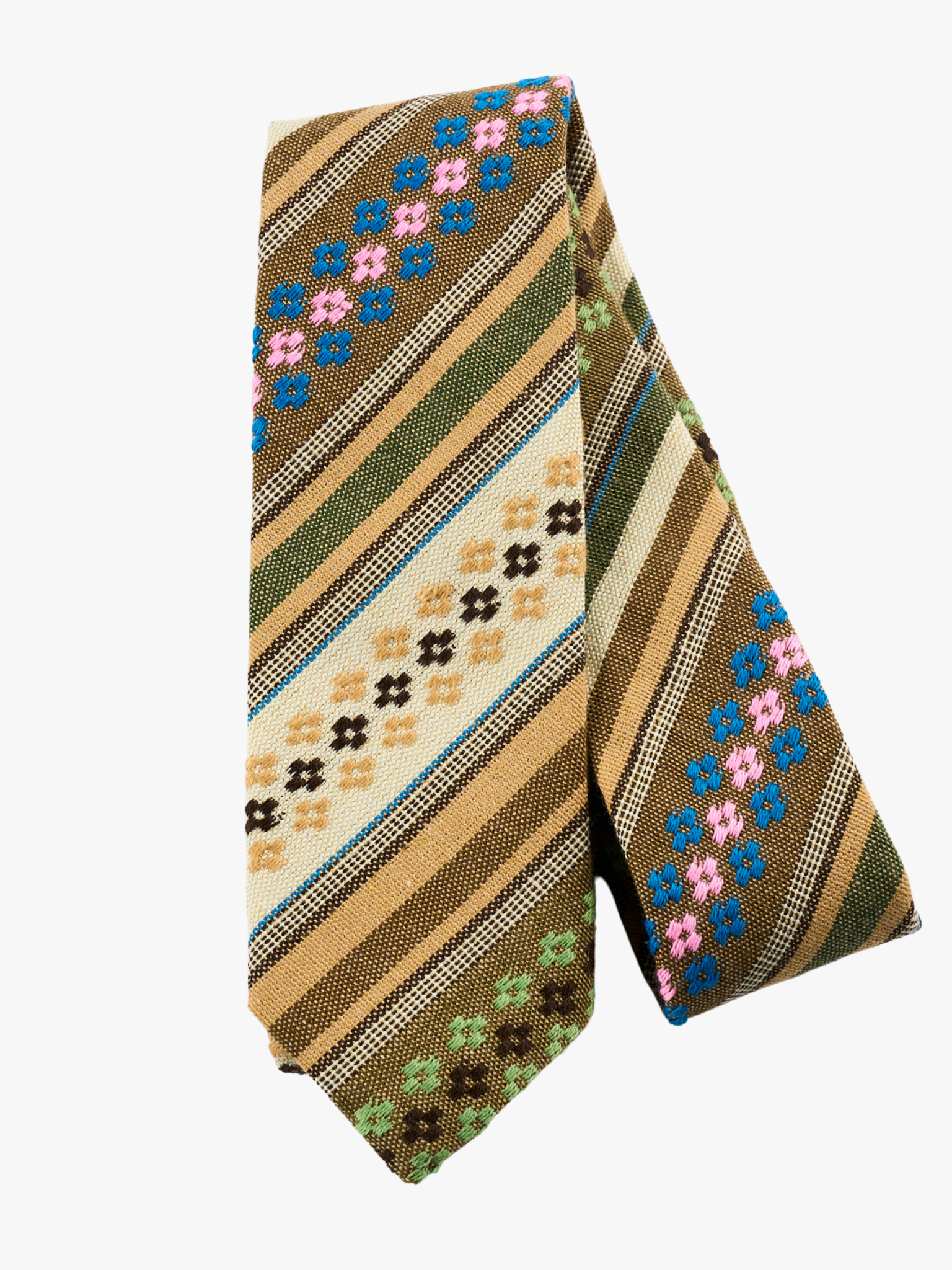 A folded Latin American-inspired striped tie for adult mengreen stripe, tan lines, brown bars and cross designs.