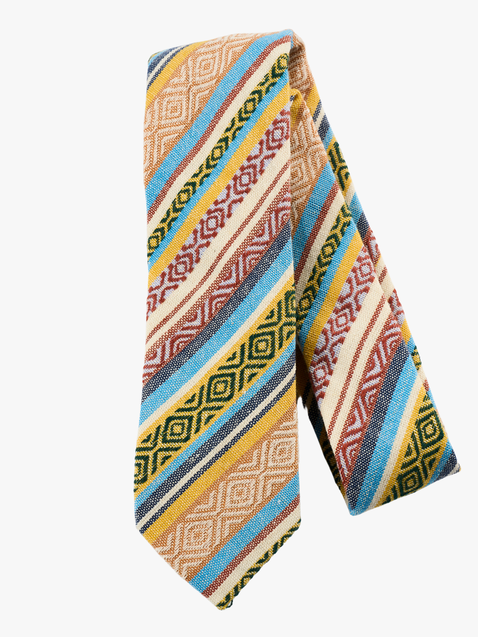 A folded Latin American-inspired striped tie for adult menyellow stripe, blue lines, and beige bars.