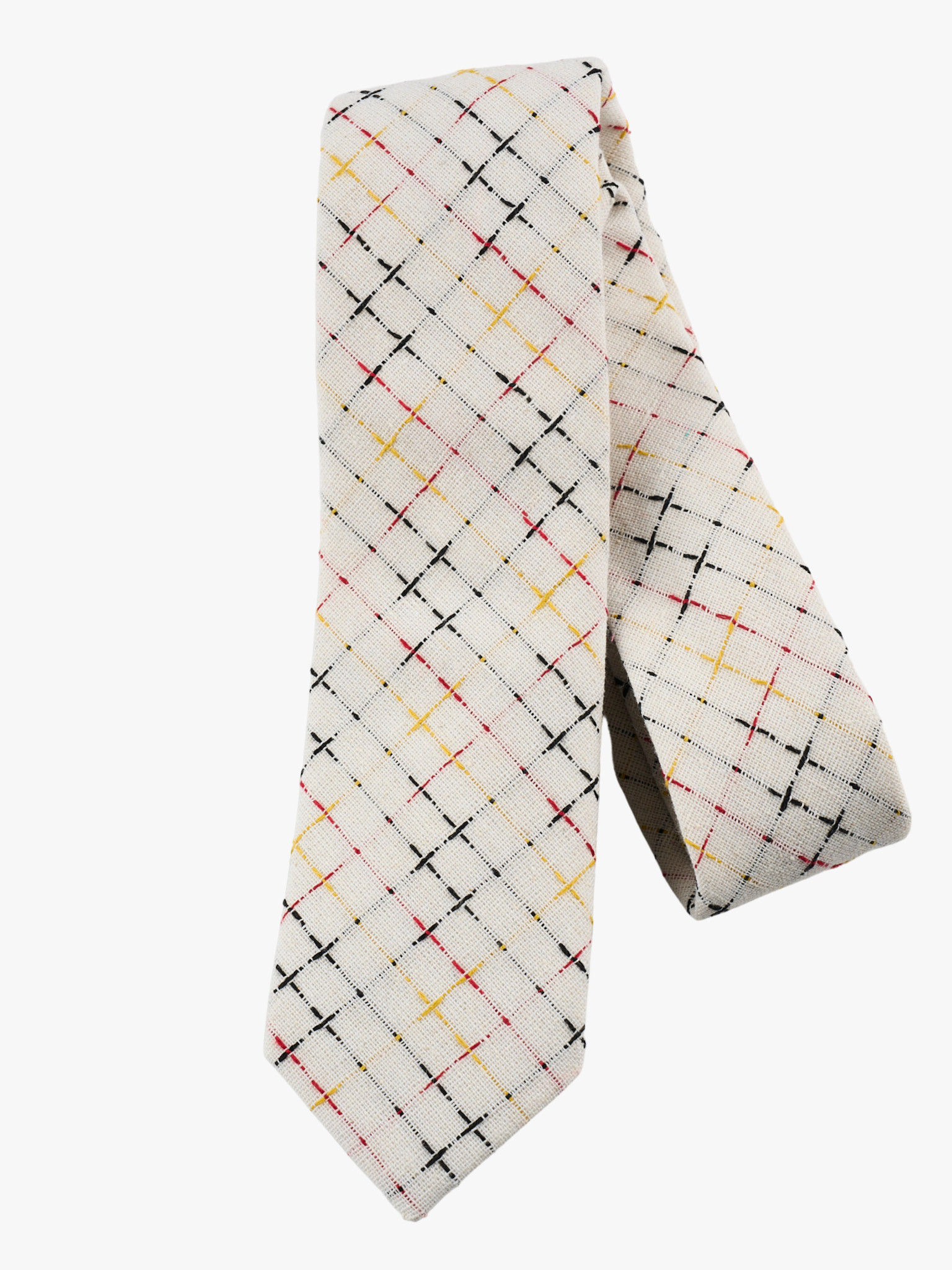 A folded pure cotton striped adult men's necktie with colorful grid designs, intersecting red, yellow, and black lines.