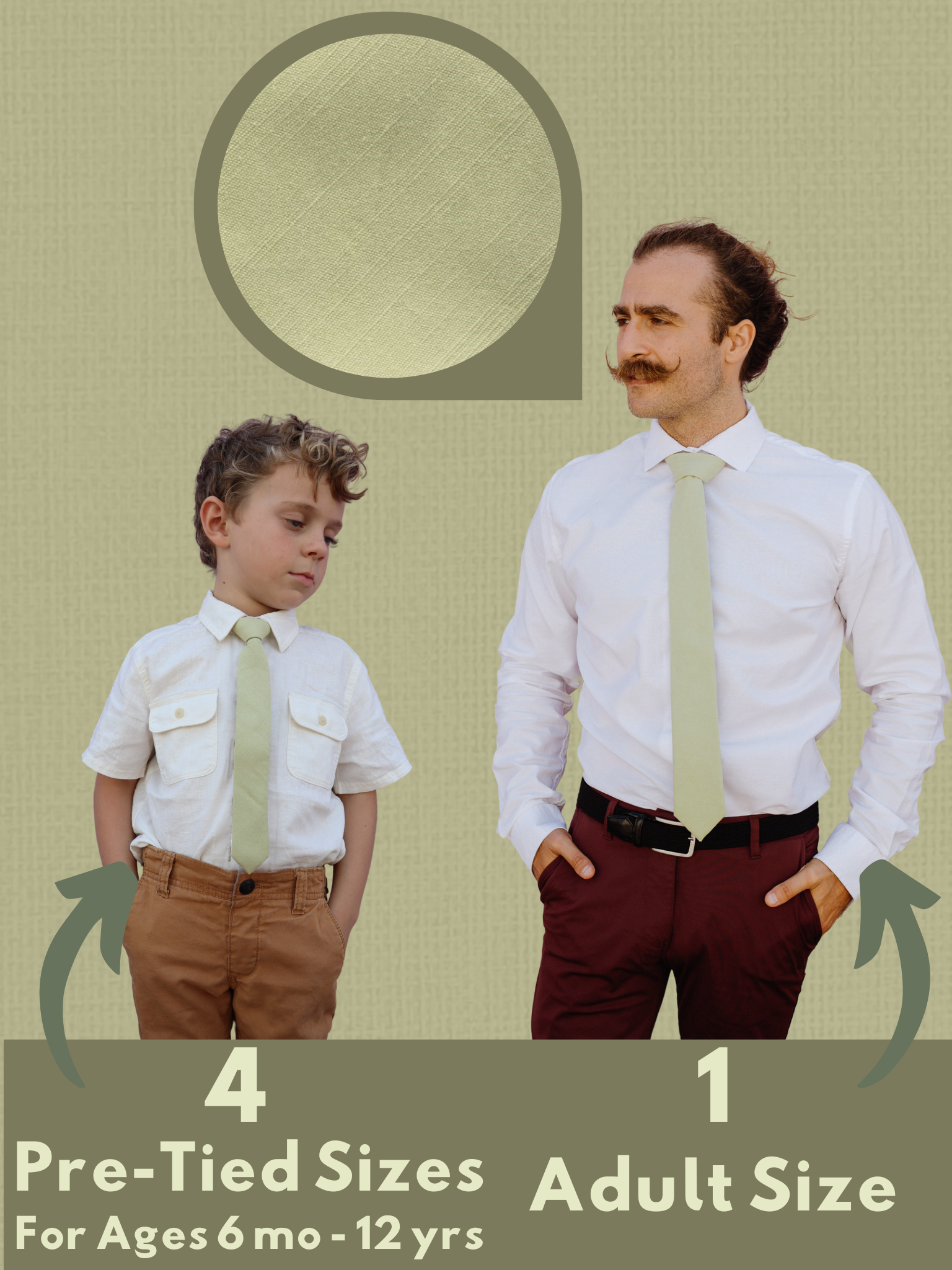 An image showing a man and a child in matching sage green solid colored ties available in 5 sizes for the whole family.