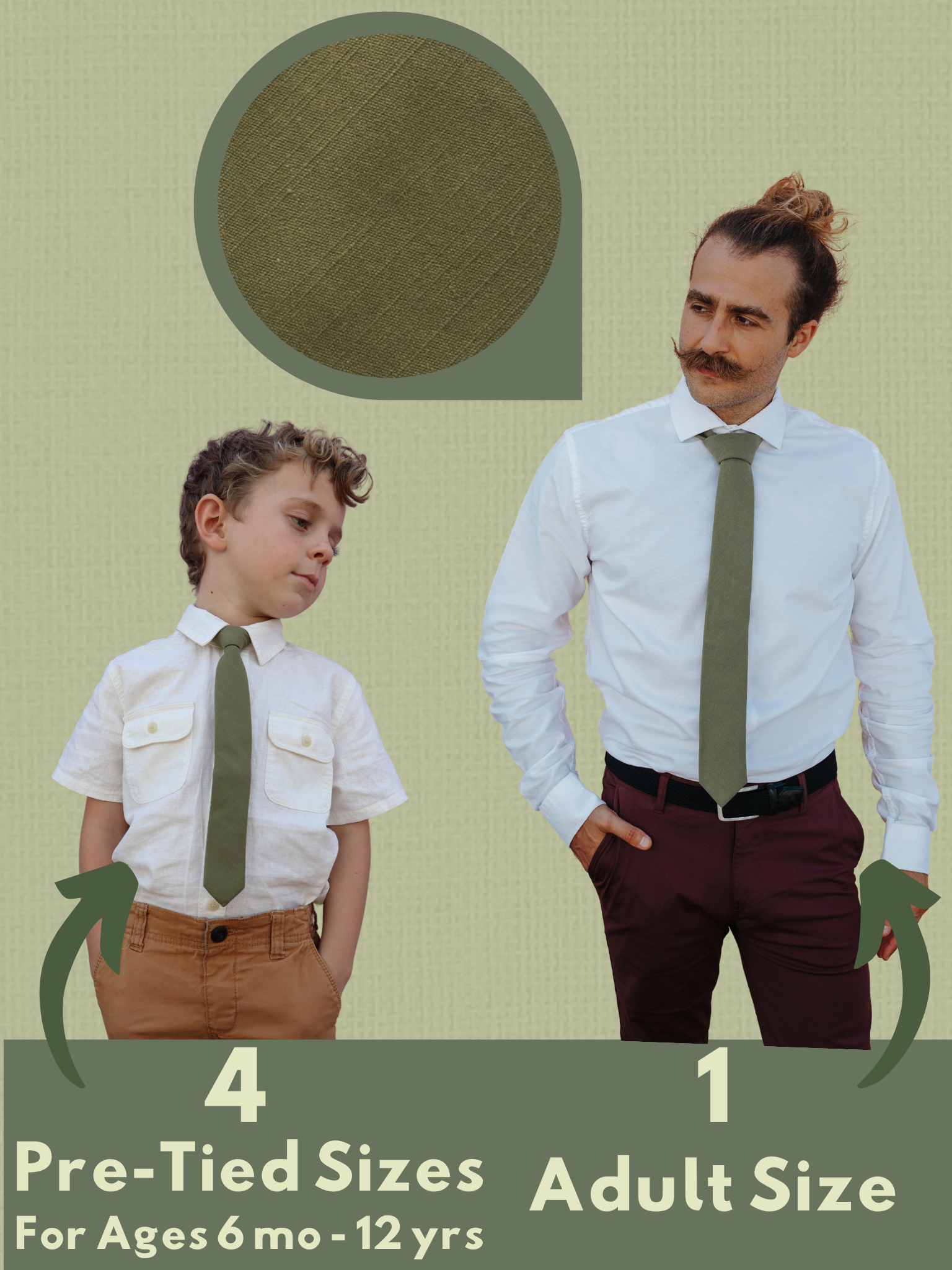 A graphic of a man and child in matching military moss green solid colored ties that come in 5 sizes for the whole family.