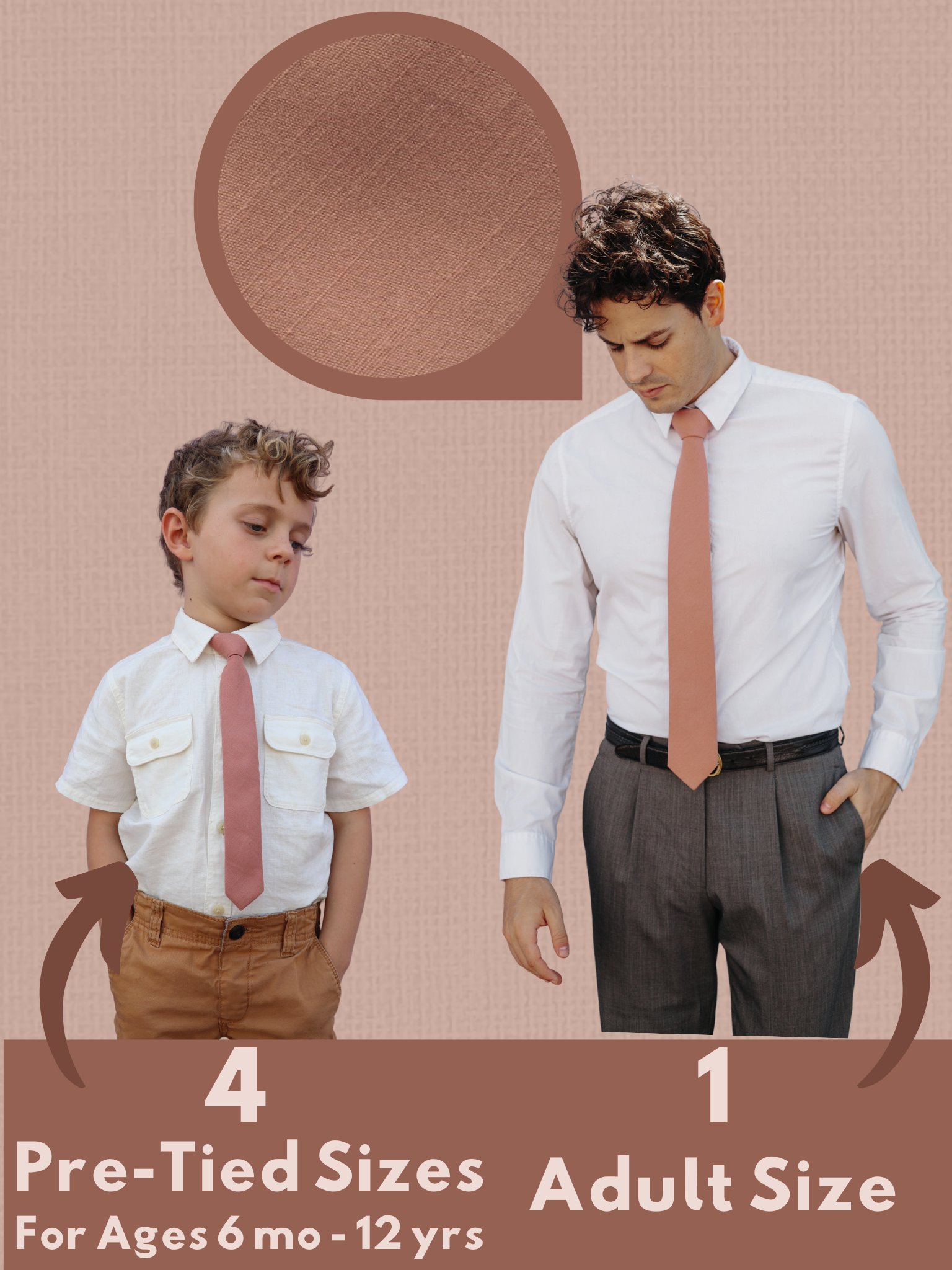 An image of a man and child in matching rosewood, light pink solid colored ties available in 5 sizes for the whole family.