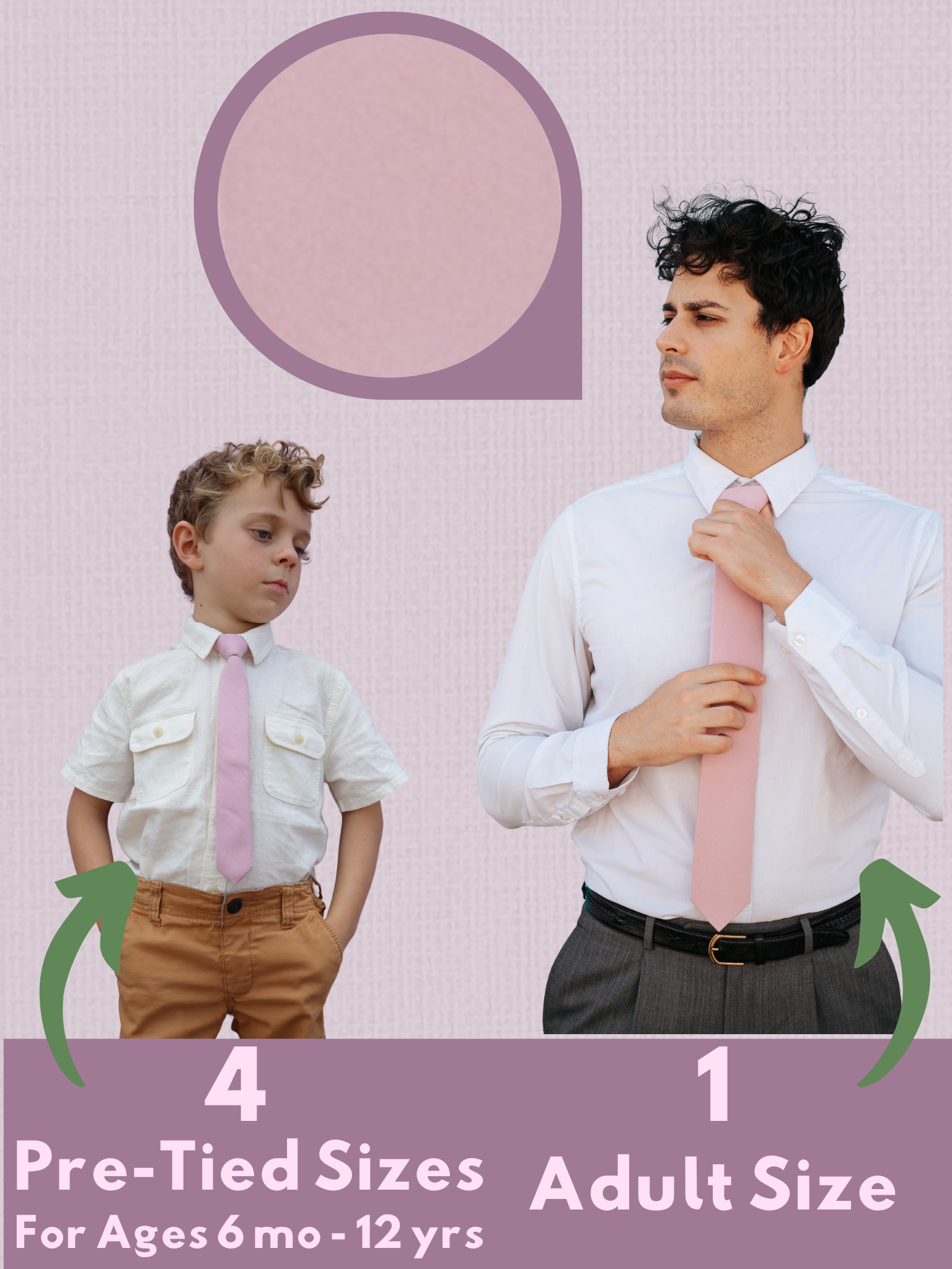 A man and a child in matching  light rose, dusty pink solid colored ties available in 5 sizes for the whole family.