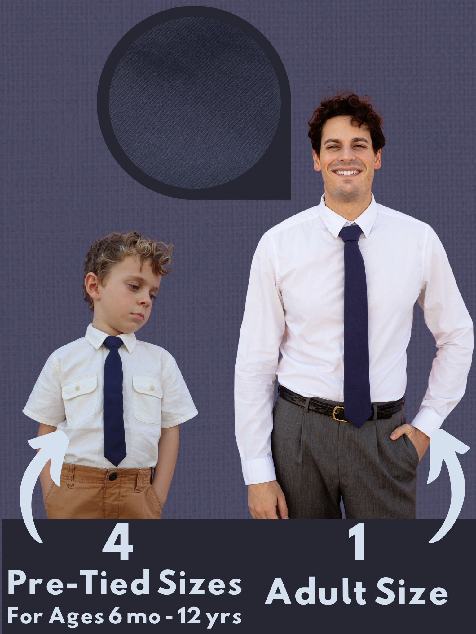 An image showing a man and a child in matching navy blue solid colored ties available in 5 sizes for the whole family.