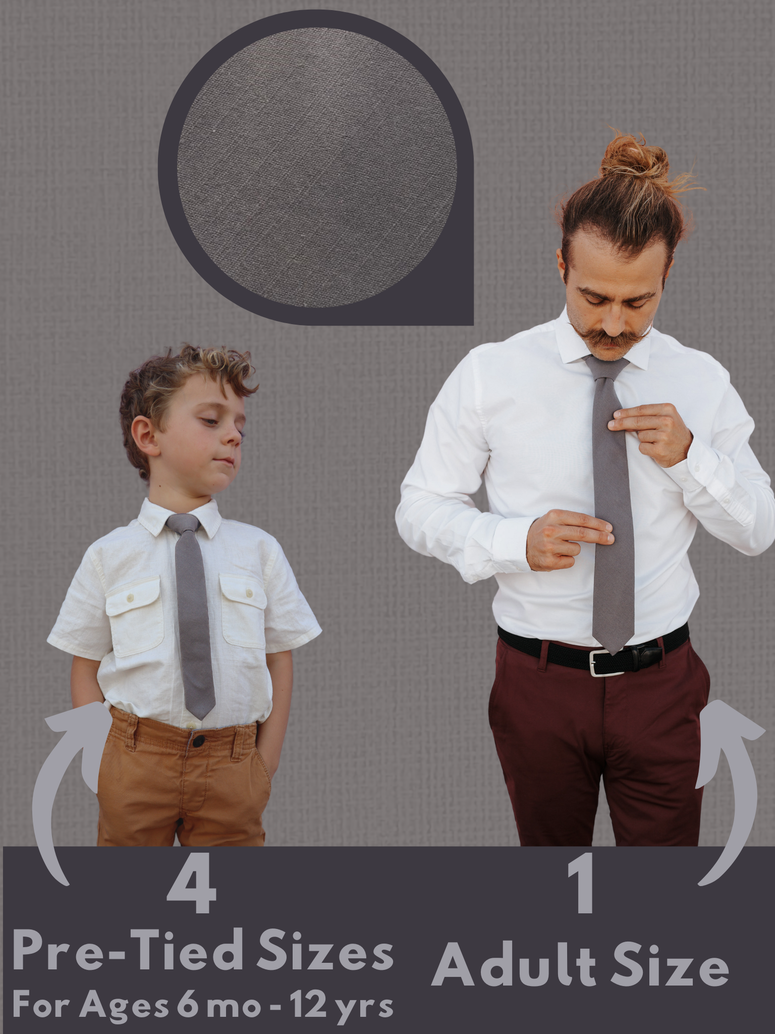 An image showing a man and a child in matching dark gray/grey solid colored ties available in 5 sizes for the whole family.