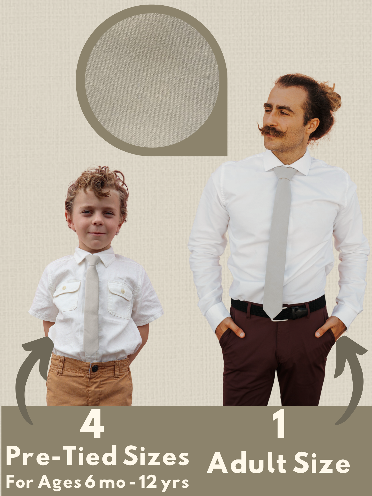 An image showing a man and a child in matching light sandy tan solid colored ties available in 5 sizes for the whole family.