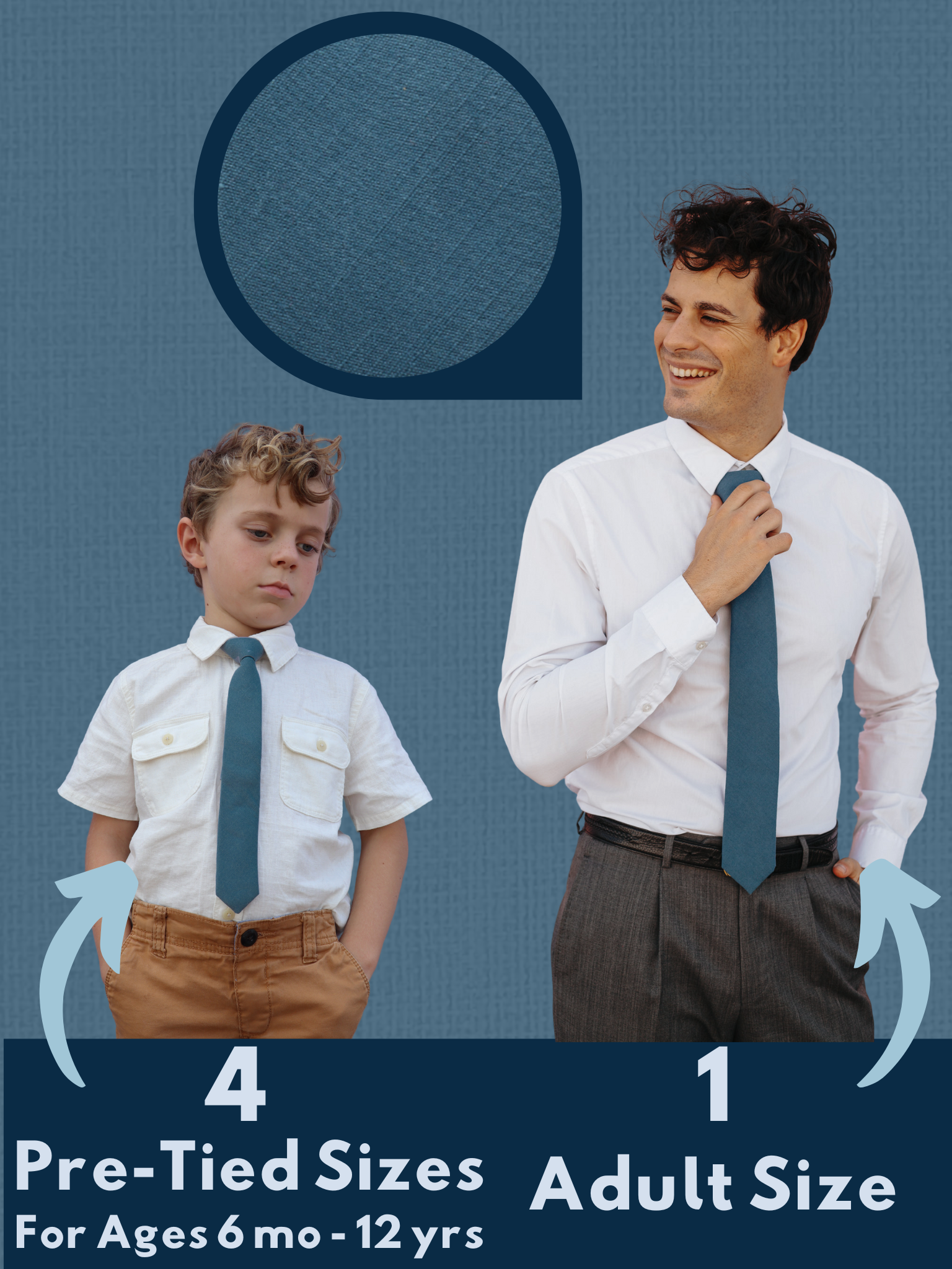 An image showing a man and child in matching deep cobalt blue solid colored ties available in 5 sizes for the whole family.