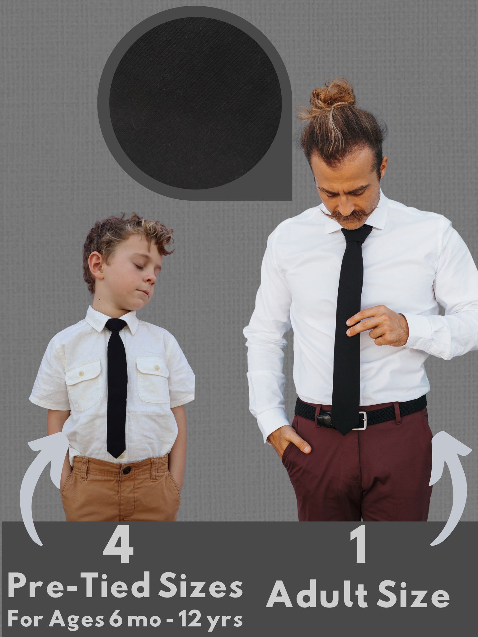 A graphic showing a man and a child in matching pitch black solid colored ties that come in 5 sizes for the whole family.