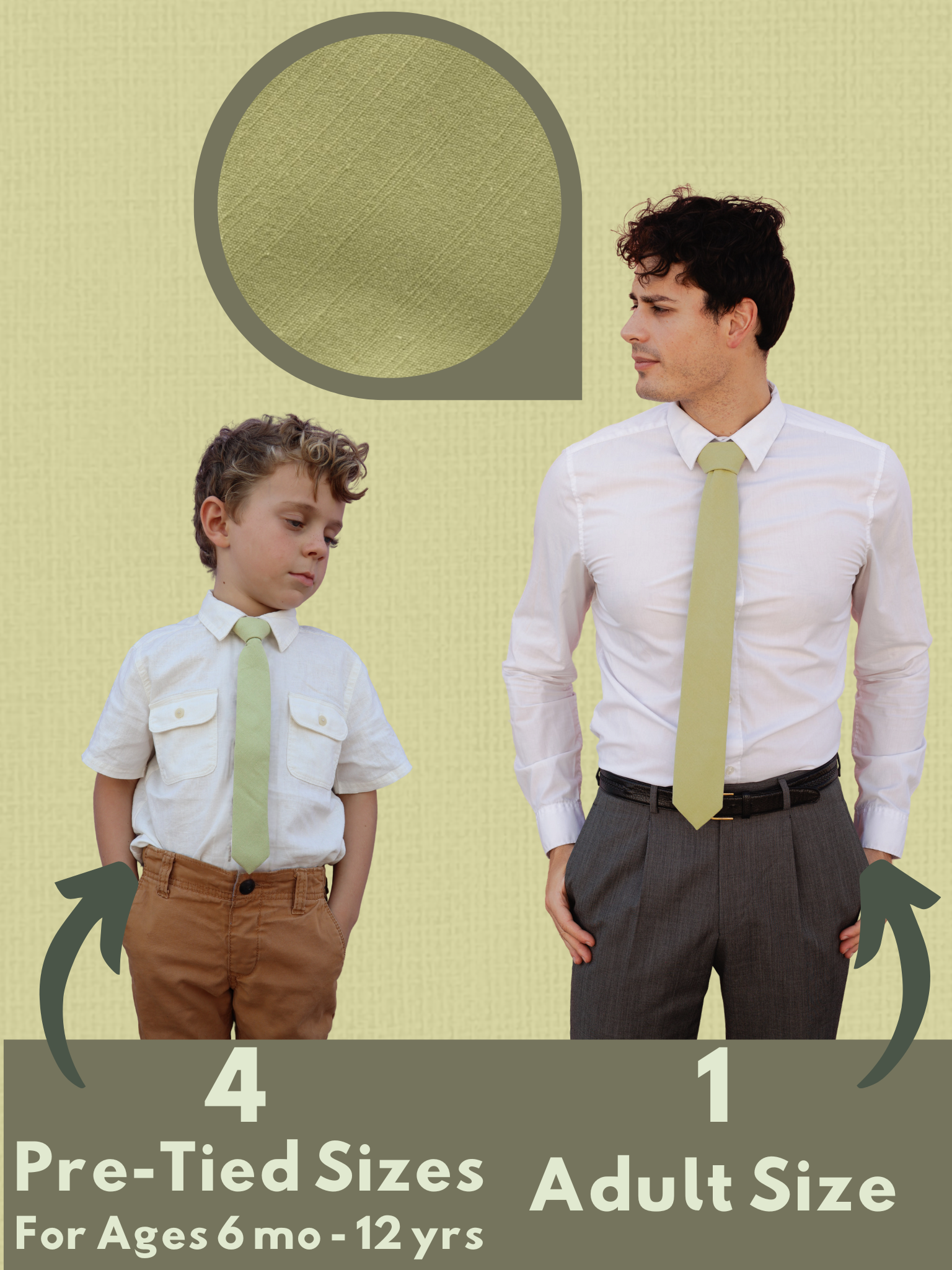 A graphic showing a man and child in matching light green solid colored ties that come in 5 sizes for the whole family.