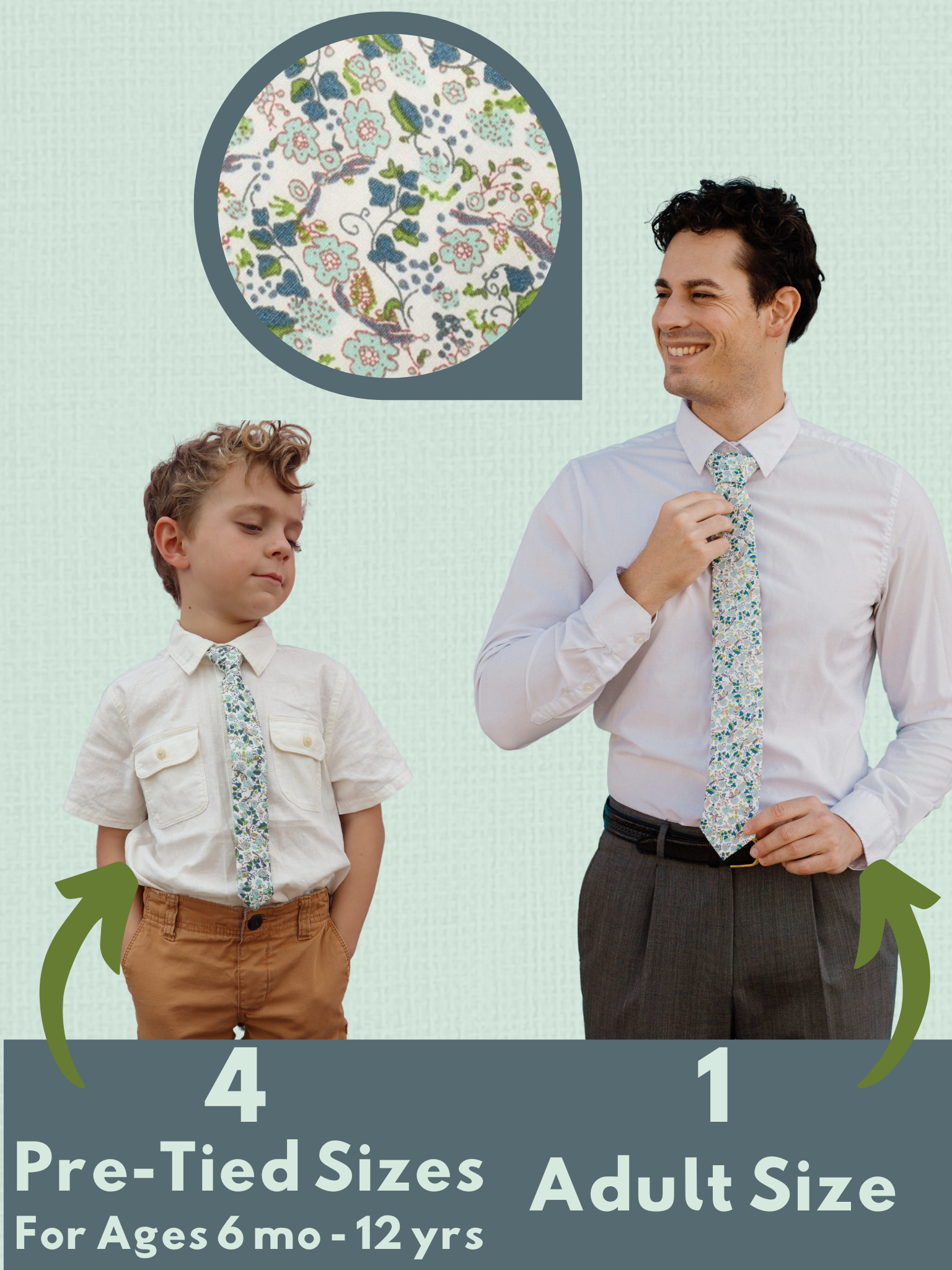 A graphic showing a man and a child in matching white and light blue floralties that come in 5 sizes for the whole family.