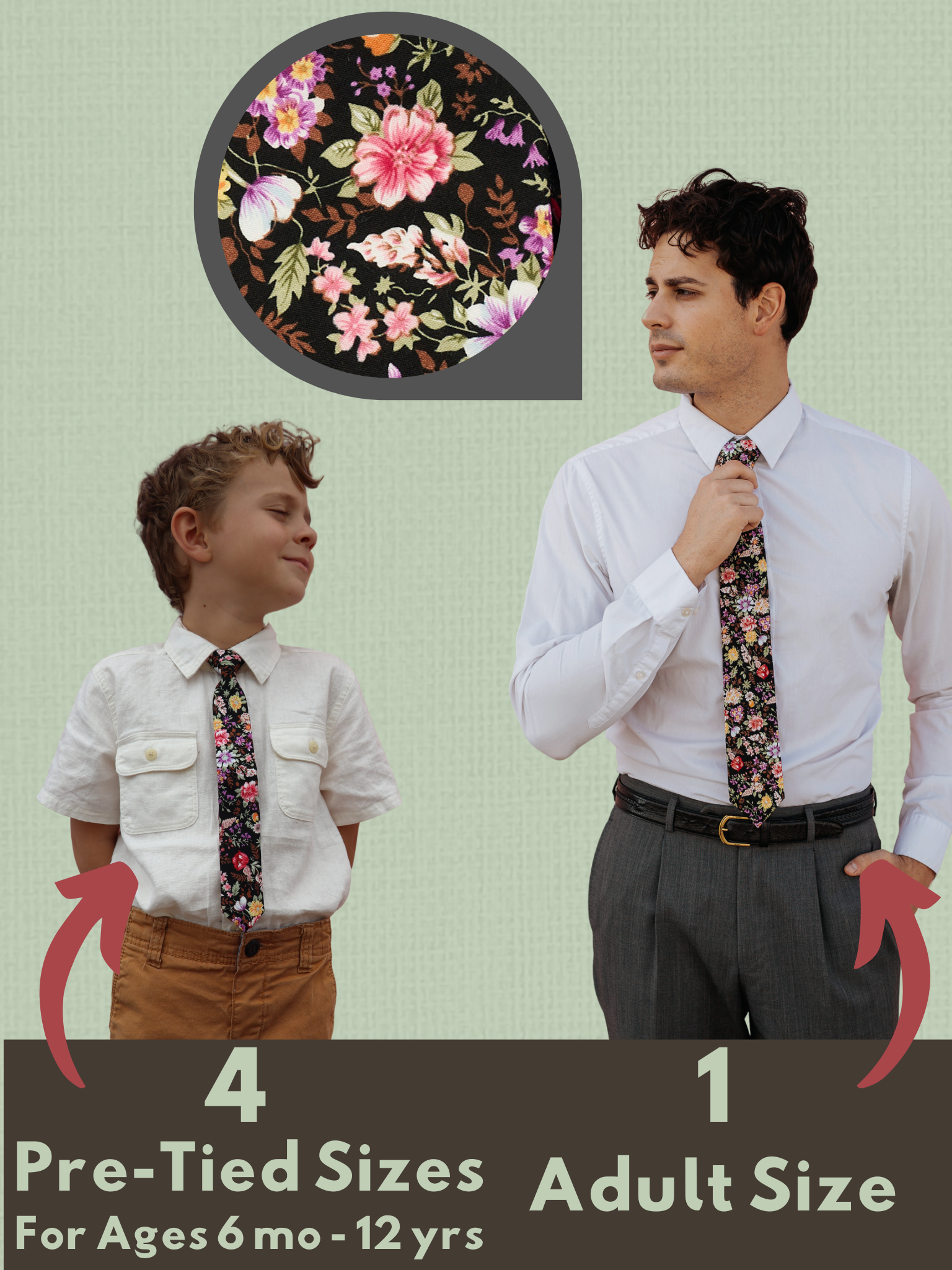 A graphic showing a man and a child in matching black, brown, and pink floralties that come in 5 sizes for the whole family.