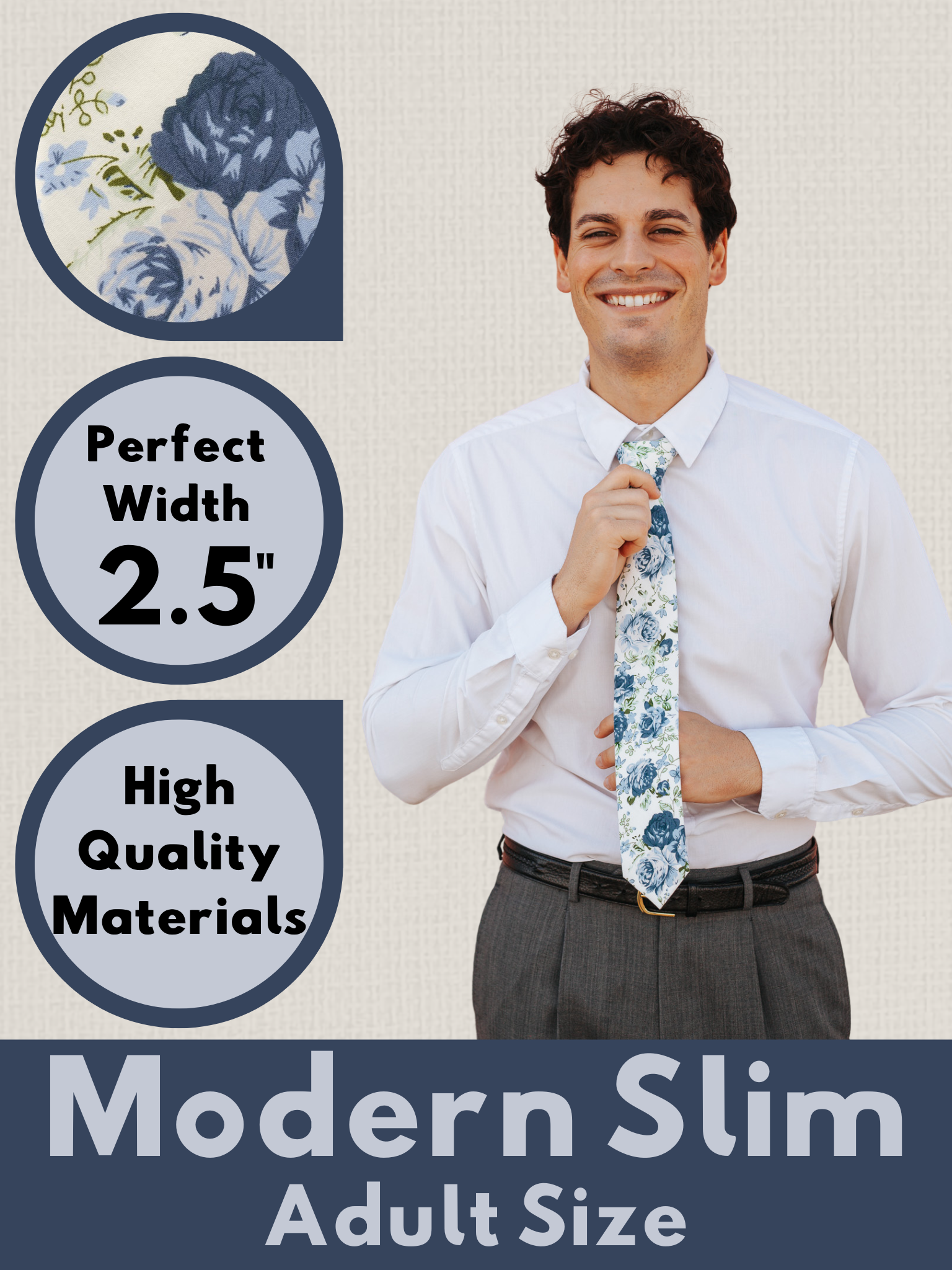 A graphic showing a man in a off-white and blue floral modern slim tie that is 2.5 inches wide and made of cotton.