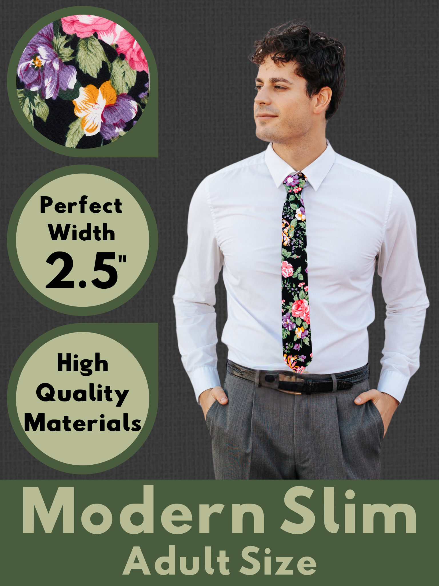 A graphic showing a man in a black and green floral modern slim tie that is 2.5 inches wide and made of cotton.